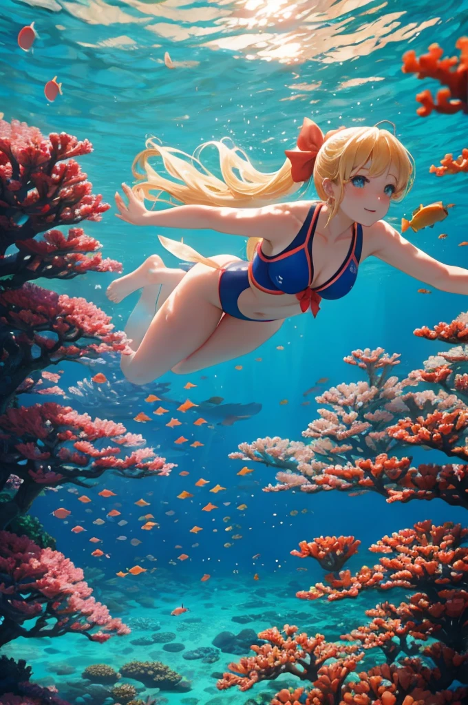 Serene underwater scene for vibrant photorealistic coral reef video background。A beautiful woman with blonde hair and a big red bow tied in a ponytail is snorkeling and swimming very far away.。Coral reefs are a kaleidoscope of colors、From deep purple to bright orange、Corals swaying gently in the current。There is natural light shining through the water in the sky。