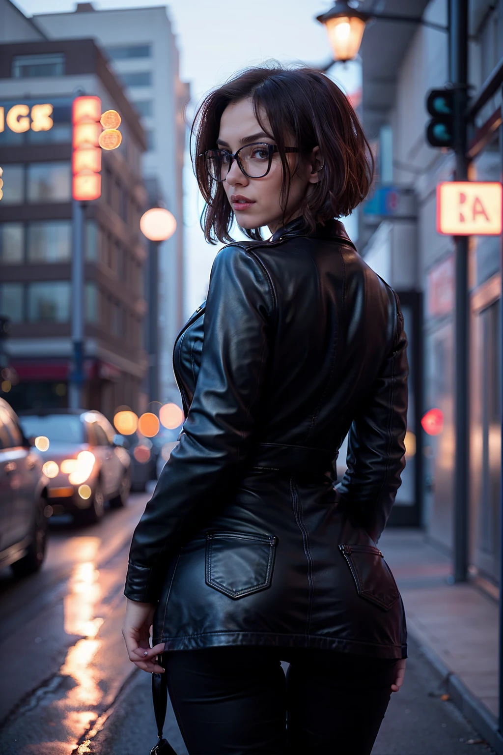 masterpiece, best quality, (lifelike:1.4), beautiful woman, from behind, round ass, short brown hair, light gray glasses, black leather jacket, medium shot, high resolution, 4k photos, high resolutionolution, In the style of Gregory Crewdson, photorealism, surreal, Bokeh, Canon 5D Mark II, sigma 85mm f/1.4, ISO 400, 1/160 seconds, medium format printing, Inspired by Darren Allen