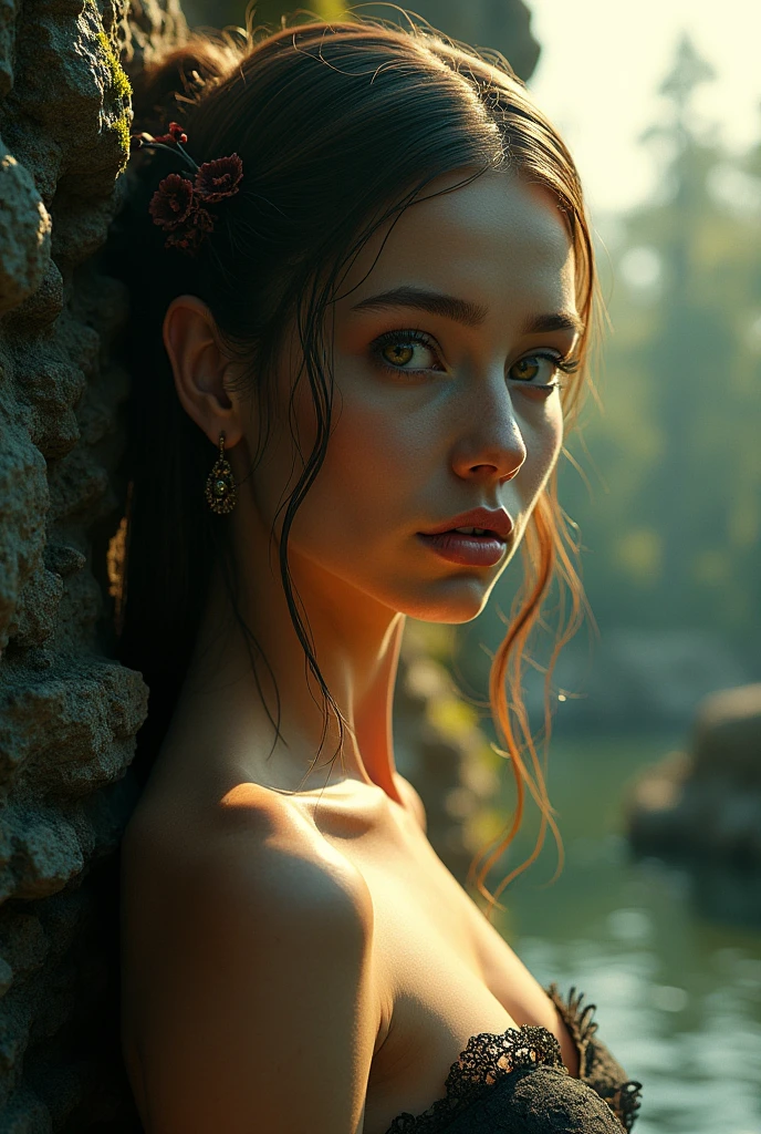 A mesmerizing oil painting of a stunningly beautiful lady, bathed in soft, golden light. Her eyes are deep pools of mystery, and her cascading hair shimmers with an otherworldly glow, drawing the viewer into her enchanting presence