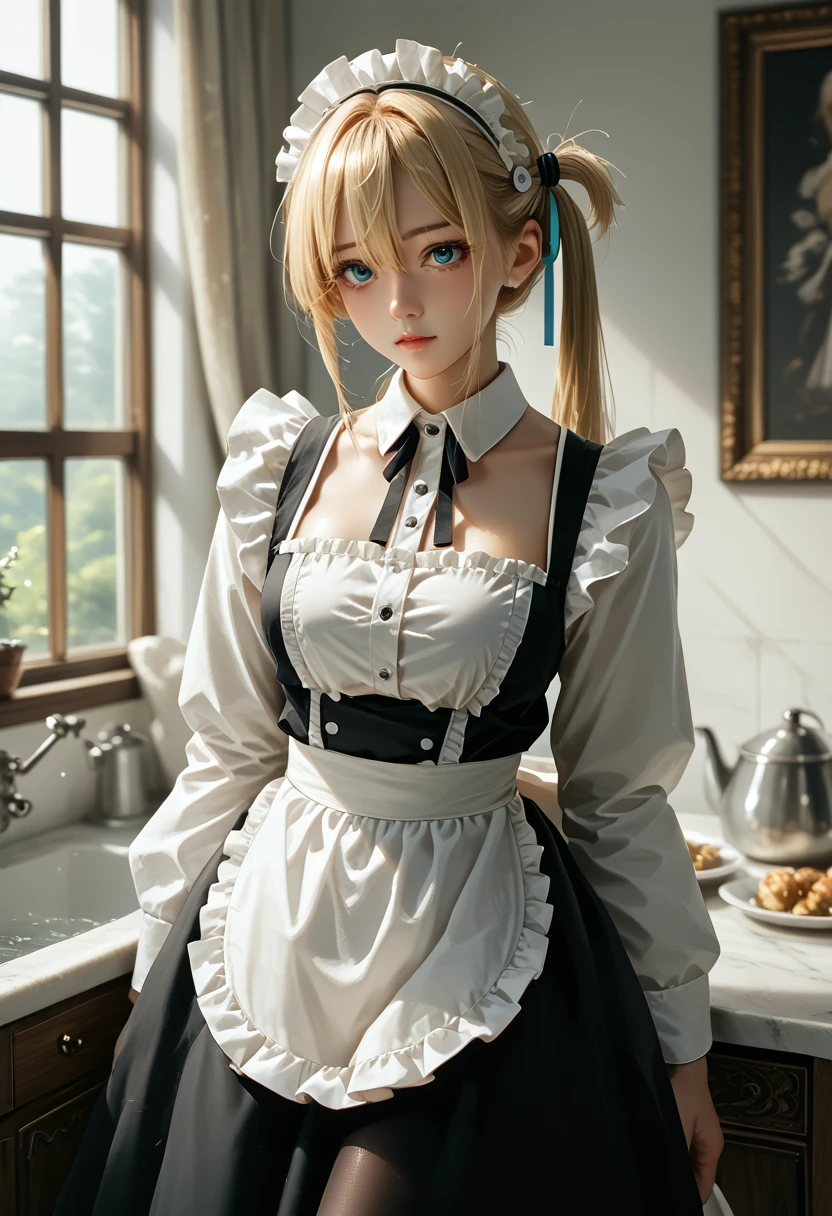 A masterpiece, best quality, high resolution, 1 girl, Hayasaka Moon, One, blonde hair, maid, Blue eyes, Side tail, Hair elastic, Hair decoration, синяя Hair elastic, maid headdress, apron, hair between the eyes, breast, long sleeves, bang, white shirt, black dress, sidelocks, maid apron, black tights,  cowboy shot,  