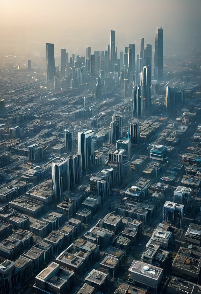 aerial image of an ultra futuristic North American megalopolis, view of the whole city with many metallic buildings and houses in dark colors, do azul escuro ao preto, a cidade tem tons de cinza metal, has smoky metal structures , industrial environment with smoke and fog around, carros escuros nas ruas, desert megalopolis, trilhos e trens modernos de de metal passando estre as ruas da cidade, tall futuristic metal buildings, many ultramodern buildings around, TEM UMA GAROTA VESTIDA COM CAPUZ ANDANDO NA RUA, She's WALKING , as realistic as possible, As detailed as possible, Science fiction
