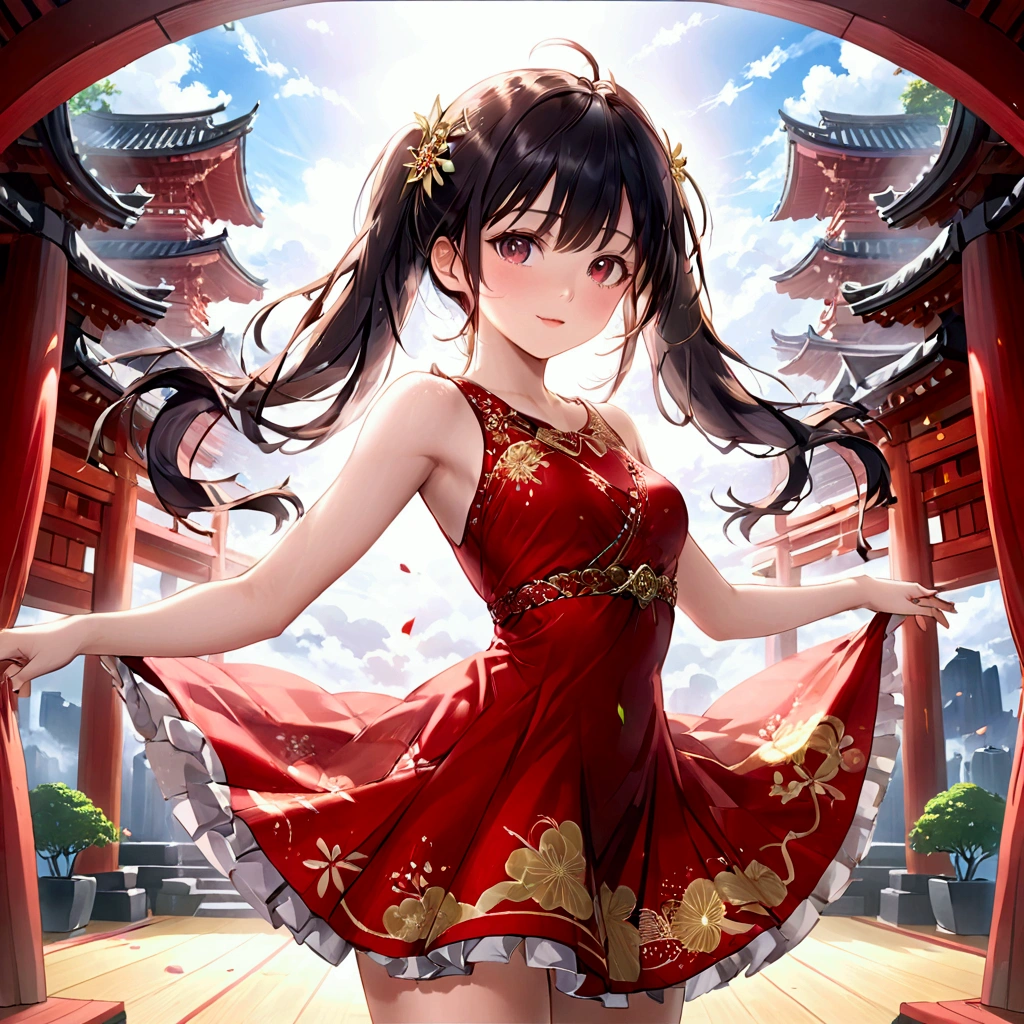 A beautiful Japanese woman (, 2D anime style, intricate details, hyper-realistic, extremely intricate details, 8k). In a short red dress (2D anime style, intricate details, hyper-realistic, extremely intricate details, 8k). She is dancing all elegant and happy showing her youthful and sexy body(2D anime style, intricate details, hyper-realistic, extremely intricate details, 8k). The scene shows a young girl dancing happily she shows her thin panties when she dances (2D anime style, intricate details, hyper-realistic, extremely intricate details, 8k).The photo shows extreme detail and a magical environment showing all the youth of the young woman (2D anime style, intricate details, hyper-realistic, extremely intricate details, 8k). Background (2D anime style, intricate details, hyper-realistic, extremely intricate details, 8k).