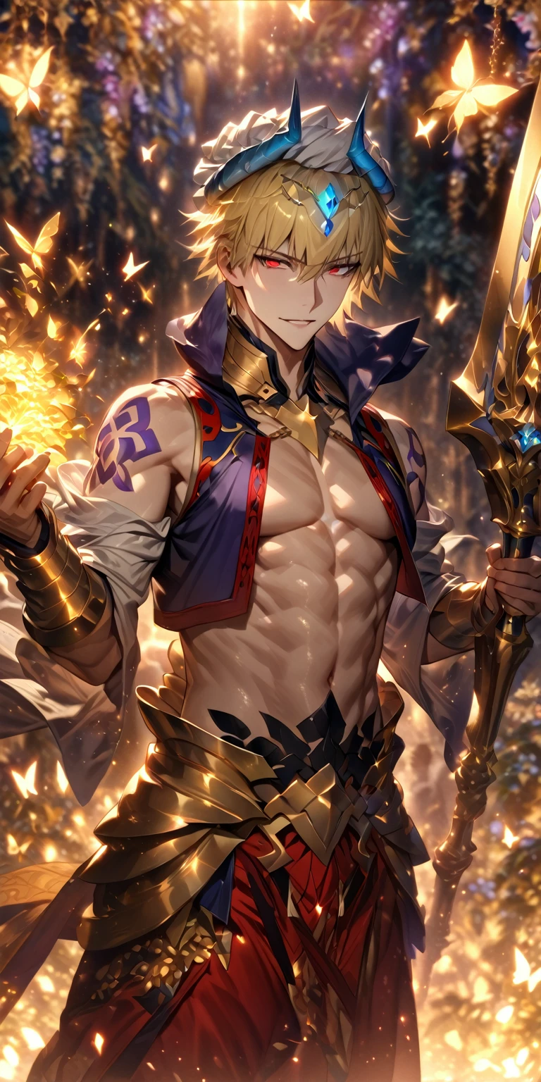 absurdres, highres, ultra detailed, HDR) master piece, best quality, extremely detailed, detailed face, detailed eyes, delicated features, defined appearance, Gilgamesh, blonde hair, short hair, expressive red eyes, Fate Grand Order, solo, sexy man, handsome, sensual, adult face, cropped dark blue vest with high collar, sleeveless, necklace, blue horned turban, purple shoulder tattoo, toned chest, one single golden gauntlet, radiant, golden particles, golden petals, golden butterflies, golden dust, garden, fantasy, magical, holding a battle axe 