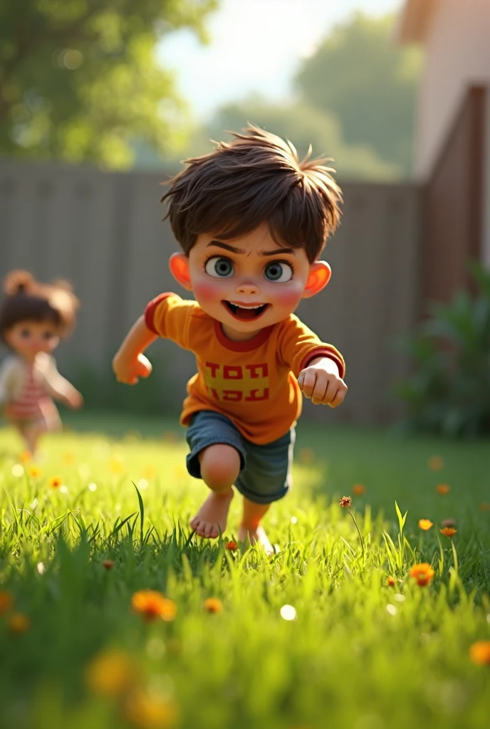 Ángel: A 9-year-old boy with brown, slightly wavy, and messy hair. He wears glasses that frame his bright blue eyes. He is dressed in casual clothes with scratches and bruises on his arms and legs, showing his adventurous nature.
Cielo: A 4-year-old girl with short brown hair that reaches just above her ears. She has a small pink flower in her hair. She wears a blue dress with tiny white floral dots.
Close-up of Cielo falling to the ground, fainting, with a blurred vision as she sees Ángel running towards her, shouting her name.
Ángel: (In the background, running towards Cielo with desperation).