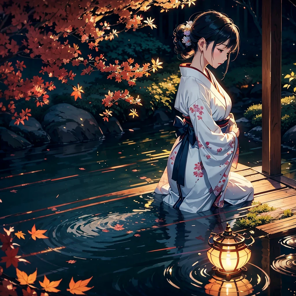 Japanese woman in a traditional kimono, delicate moonlight reflecting ...
