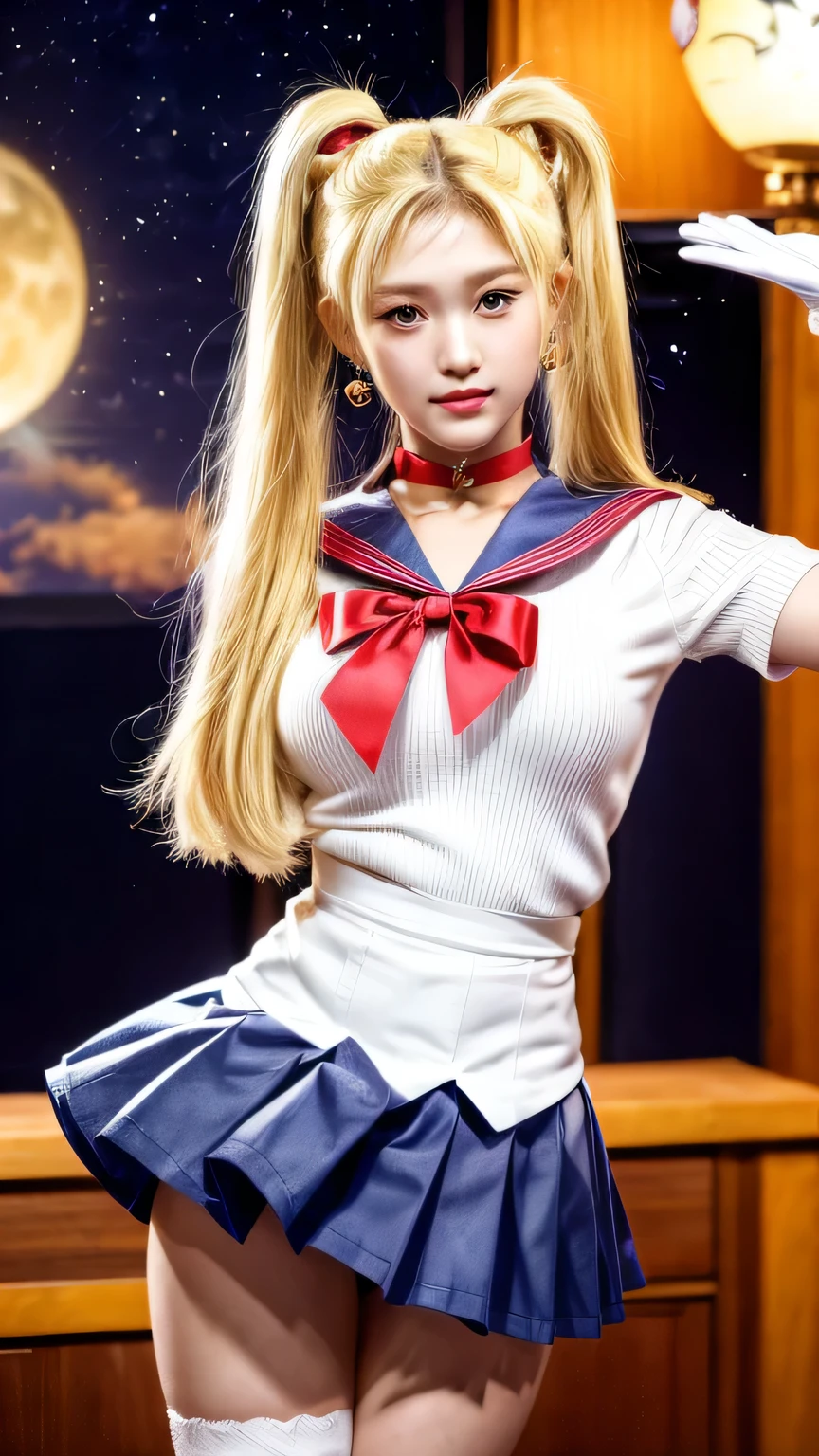 masterpiece、high quality、High resolution、Realistic、professional lighting、Japanese、woman、young、White skin、slender、Sailor Moon, Usagi Tsukino, Sailor Warrior Uniforms, Red choker,Blue Collar, Red ribbon on chest,White gloves,red ribbon on waist,Very short skirt, Blue Skirt, Red knee boots,Crescent Earrings,whole body, One Girl, only,  Long Hair, Twin tails, Twin Chinese bun, (((Blonde))), Big eyes, Blue pupils, cute, So cute, beautiful, wonderful, gem, Night Sky, Starry Sky, Perfect Face, Perfect Skin, Crescent moon on her forehead, Skirt up, Showing her ass