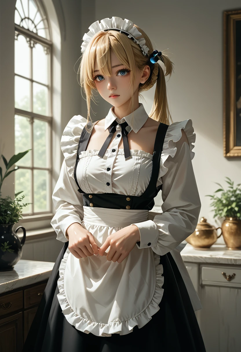 A masterpiece, best quality, high resolution, 1 girl, Hayasaka Moon, One, blonde hair, maid, Blue eyes, Side tail, Hair elastic, Hair decoration, синяя Hair elastic, maid headdress, apron, hair between the eyes, breast, long sleeves, bang, white shirt, black dress, sidelocks, maid apron, black tights,  cowboy shot,  