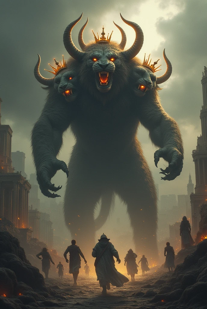 THREE-HEADED monster attacking a kingdom, lion head, dragon and goat