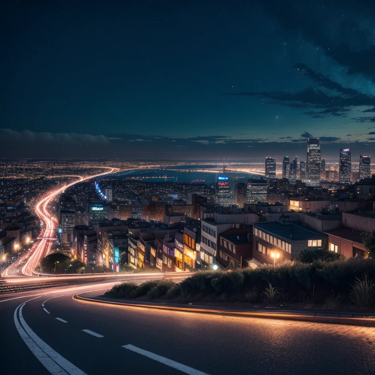 Train passes through city at night