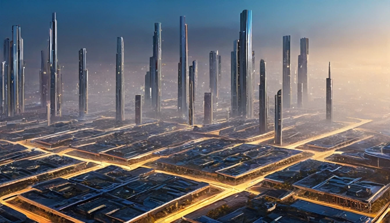 aerial image of an ultra futuristic North American megalopolis, view of the whole city with many metallic buildings and houses in dark colors, do azul escuro ao preto, a cidade tem tons de cinza metal, has smoky metal structures , industrial environment with smoke and fog around, carros escuros nas ruas, desert megalopolis, trilhos e trens modernos de de metal passando estre as ruas da cidade, tall futuristic metal buildings, many ultramodern buildings around, TEM UMA GAROTA VESTIDA COM CAPUZ ANDANDO NA RUA, She's WALKING , as realistic as possible, As detailed as possible, Science fiction, light of sunrise golden landscape 