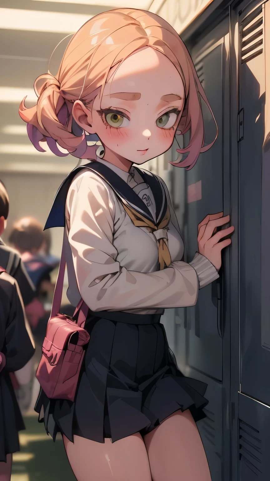 (Elementary school girl:1.7)、yellow green hair、ponytail、Large locker room at school