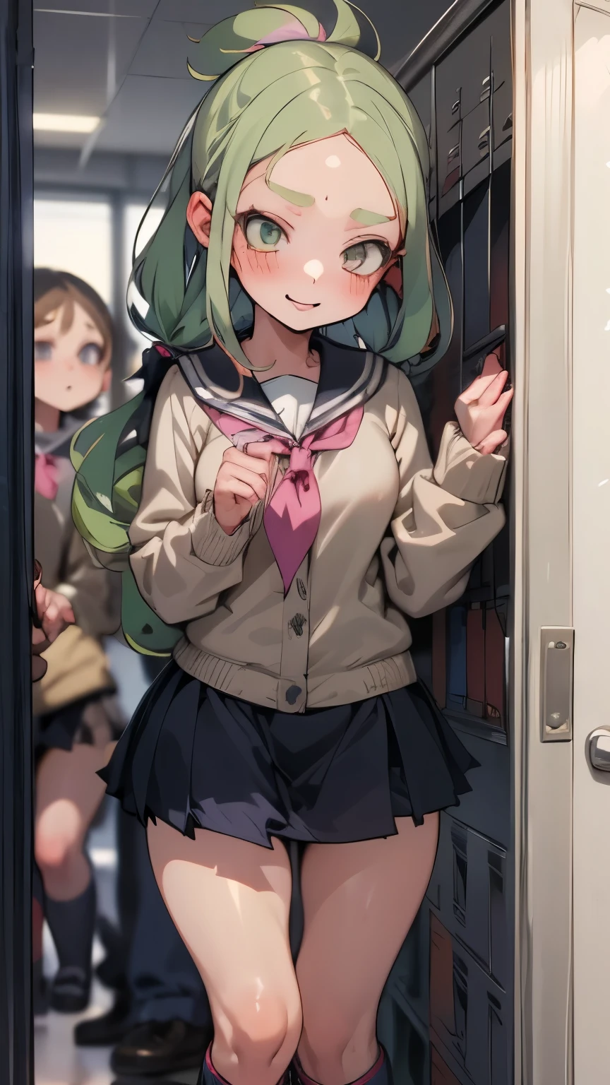 (Elementary school girl:1.7)、pastel green hair、ponytail、Large locker room at school