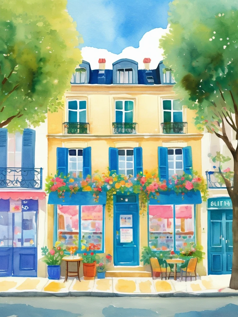 A watercolor painting showing the front view of an art studio in Paris with flowers and trees，Cartoon Style，cartoon trees，Illustration Art，Bright colors，High details，White background，Full Color，high resolution，high-definition，HD，People walking on the sidewalk，The cafe next door has tables outside，There are chairs inside，The building has blue walls，The sky is blue，Sunshine in the style of Hayao Miyazaki