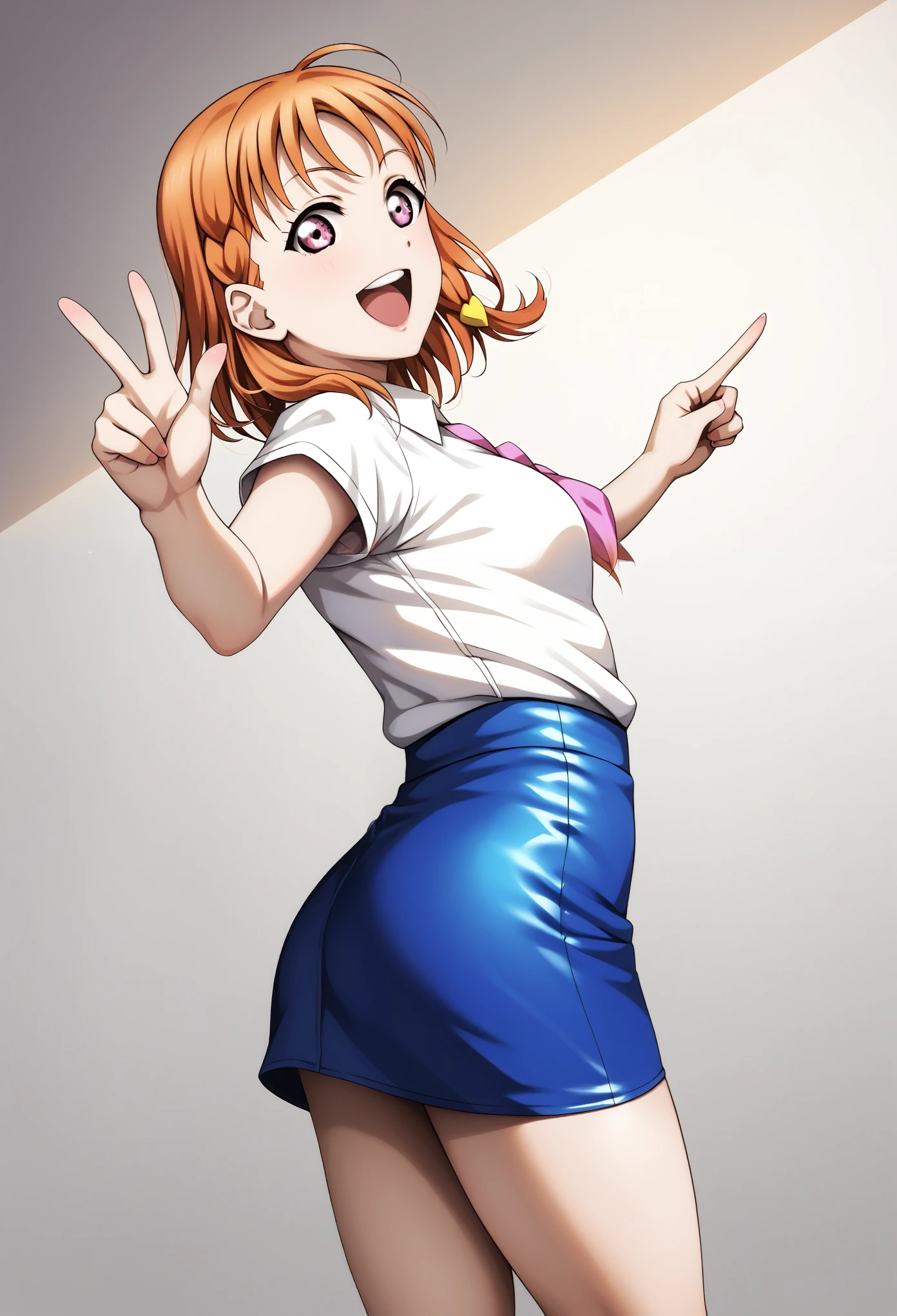 masterpiece, best quality, realistic anime style,love live art style, takami chika , orange hair, medium hair, pink eyes, side braid, short skirt, tight white shirt,short sleeves , from side, pointing to viewer , open mouth, smile ,v