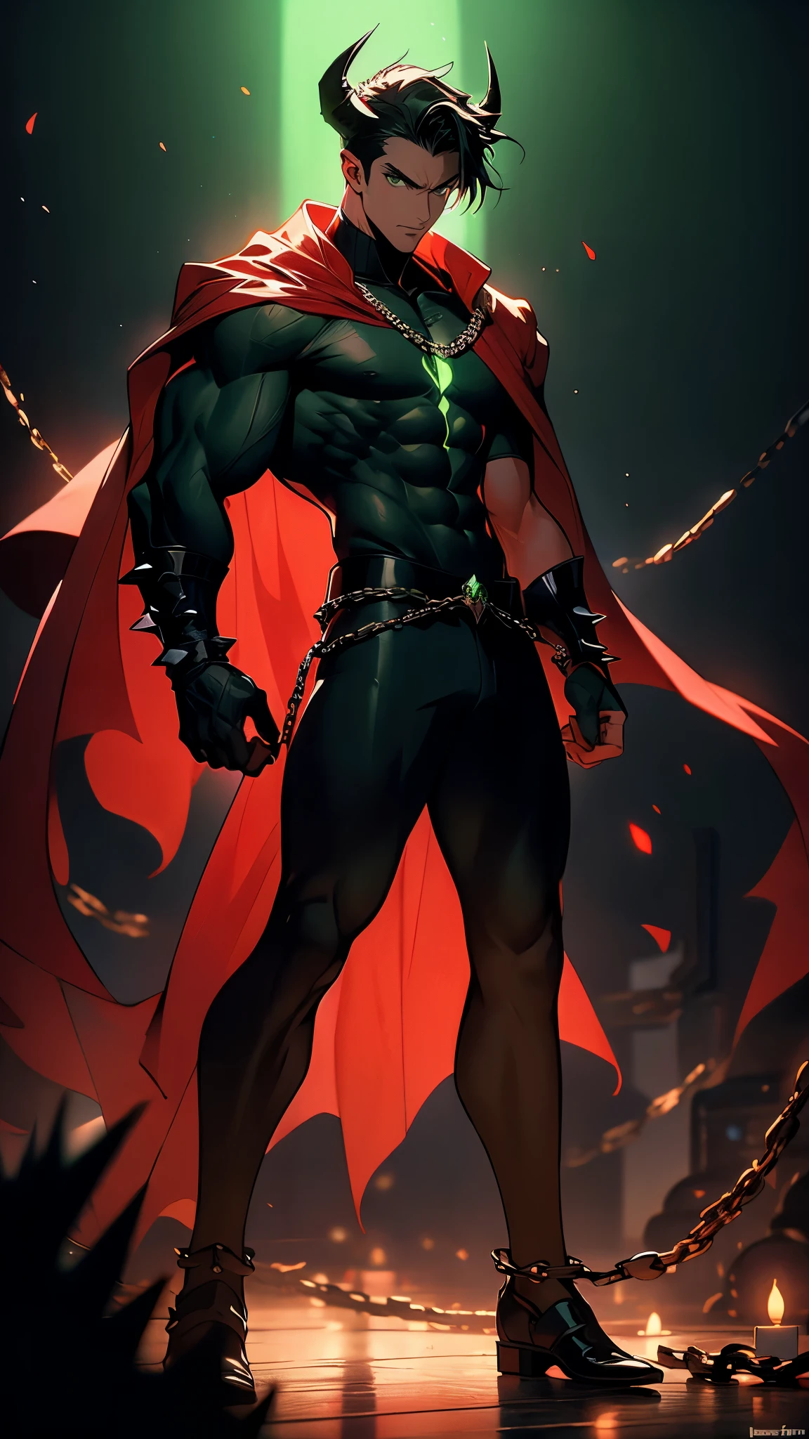 envision a 8k, highres, cinematic, detailed, full body pinup of a fallen angel man, muscular body, slender face, long black hair, green eyes, wide confident smile, tight black suit, chains, horns, spikes, red cape, glowing eyes, (((1boy))), in dark lighting, against a dark background