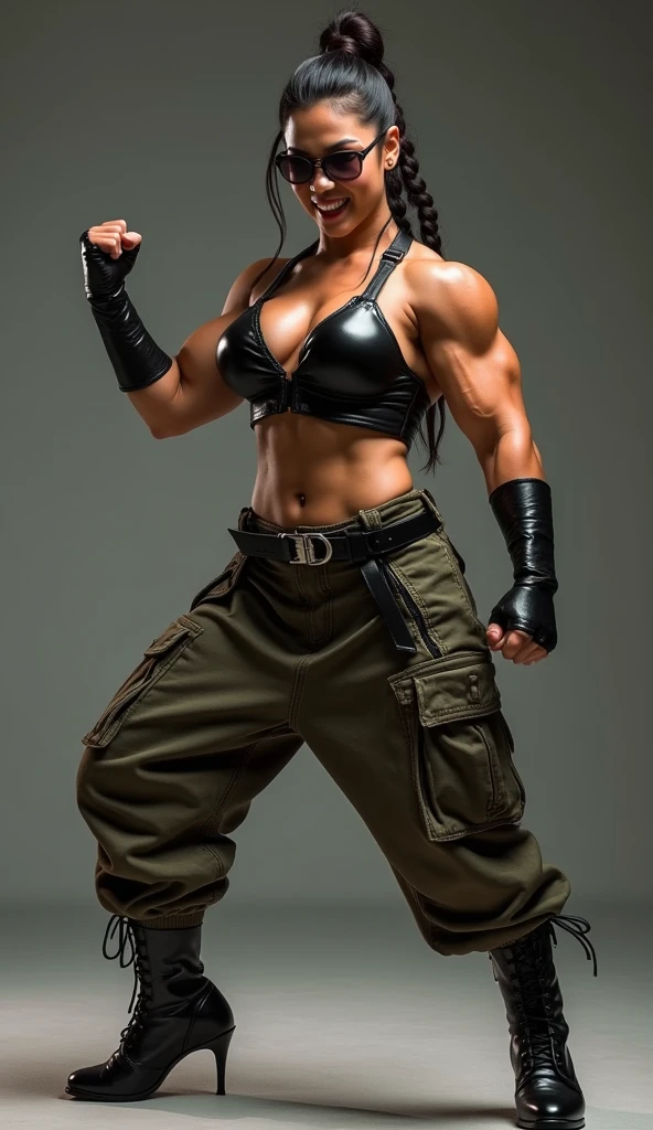 Full body camera photography. Very beautiful asian female bodybuilder. she's a soldier with (shredded muscles:1.3). Hard muscles. angry face, showing her teeth like a tiger, Biceps flexing, (six pack abs:1.2). She is wearing black high heels boots,a laced leather top , and camo baggy pants with a belt. Leather wrist bands and arm bands. She wears (half-hand latex gloves:1.2) and sunglasses. she has a long braid. she looks very aggressive. Dynamic pose, attack pose, clenched fist. Studio lighting, realistic skin, ultra realistic