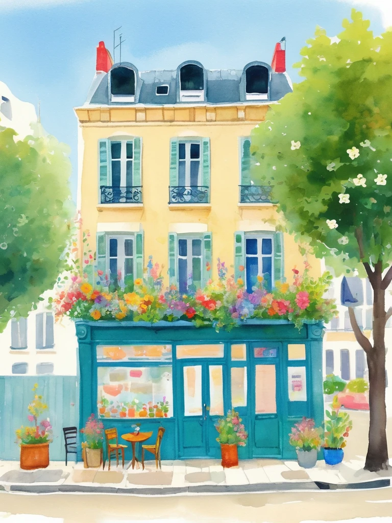 A watercolor painting showing the front view of an art studio in Paris with flowers and trees，Cartoon Style，cartoon trees，Illustration Art，Bright colors，High details，White background，Full Color，high resolution，high-definition，HD，People walking on the sidewalk，The cafe next door has tables outside，There are chairs inside，The building has blue walls，The sky is blue，Sunshine in the style of Hayao Miyazaki