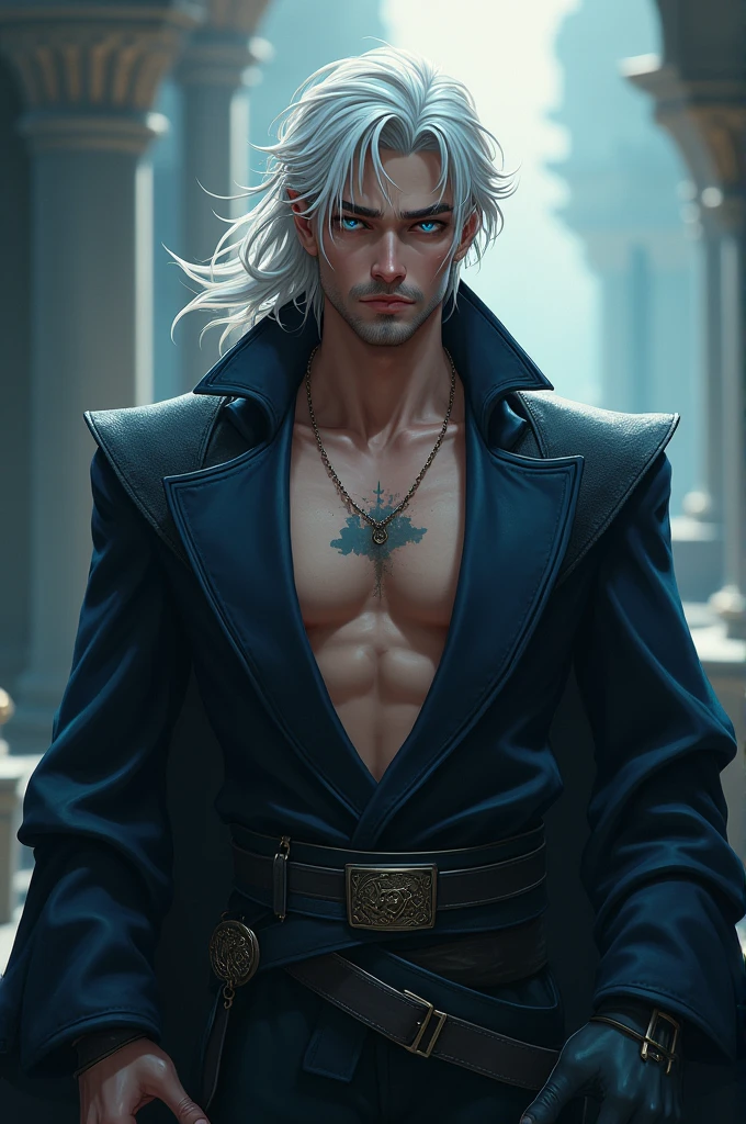 8k, sophisticated, elegant, Highly detailed, majestic, digital photography, Surreal painting, magic, magic, fairy tale, (Masterpiece, side light), hdr, (Bright blue eyes)), Naked upper body, (shiny tattoo), Handsome adult man, long beautiful straight platinum hair below the shoulders, Muscular, tanned skin, Handsome, in front of the camera, a masterpiece. realistic. full-length image. Long hair below the shoulders.