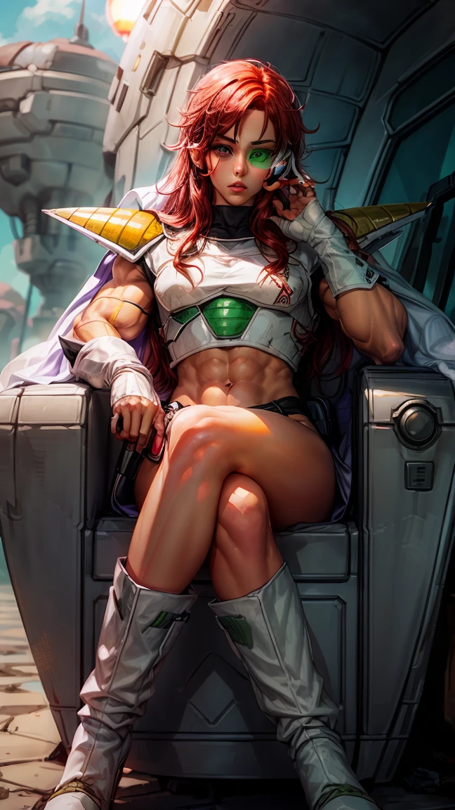 A red head girl with green eyes, spikey hair , raising right eyebrow, eyeliner, beautiful eyebrows, lip filler, eyelashes, tinted eyewear, saiyan Scouter, saiyan armor, saiyan boots, white cape, muscular body, frieza spaceship, full body shot, crop top, sitting on chair, hand on face, detailed eyes, perfect face, high quality, UHD, holding a gun 