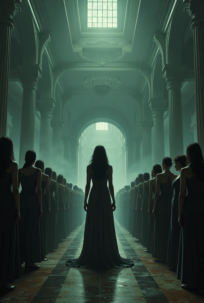 Horrid, possed, black mirror, cult, portrait, Dark magic, ominous, vintage, demon succubus dark night ritual. naked women standing around the dark misty hall,castle demon shadow in the background.