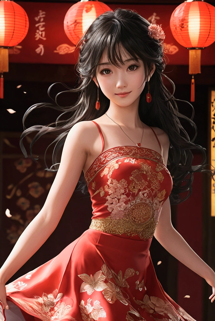 A beautiful Japanese woman (, 2D anime style, intricate details, hyper-realistic, extremely intricate details, 8k). In a short red dress (2D anime style, intricate details, hyper-realistic, extremely intricate details, 8k). She is dancing all elegant and happy showing her youthful and sexy body(2D anime style, intricate details, hyper-realistic, extremely intricate details, 8k). The scene shows a young girl dancing happily she shows her thin panties when she dances (2D anime style, intricate details, hyper-realistic, extremely intricate details, 8k).The photo shows extreme detail and a magical environment showing all the youth of the young woman (2D anime style, intricate details, hyper-realistic, extremely intricate details, 8k). Background (2D anime style, intricate details, hyper-realistic, extremely intricate details, 8k).