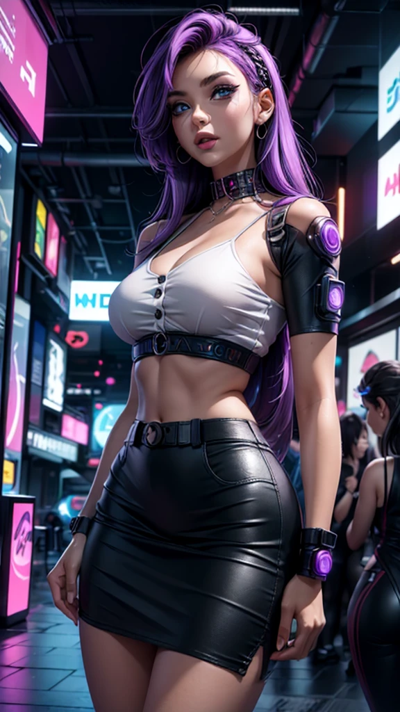 Gorgeous girl, big breasts, big ass, Thin waist, open legs, high facial detail, pink futuristic sexy mirror suit, cyberpunk, ((Purple long hair)), City of the future, hologram, neon lighting, ultra detailed, A high resolution, Masterpiece, high quality, ultra detailed, A high resolution,