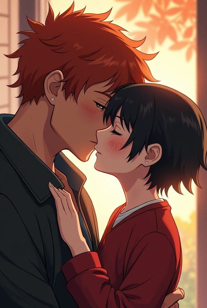 Two anime boys kissing, one with black hair and the other with orange hair