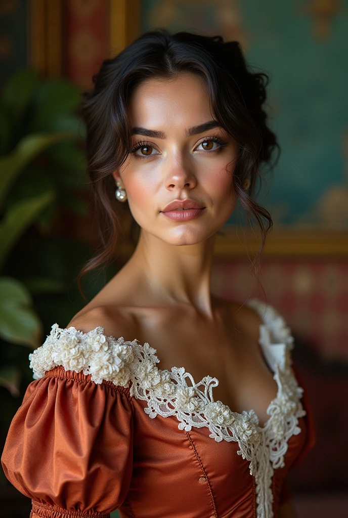 Beautiful latina woman perfect body short brunette hair, dressed in elegant victorian era 19th century American colorful conservative formal studio lighting, beautiful indoor background