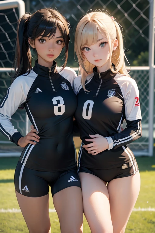 ((2girl : 1.8)), high-definition images, ((anatomically complete:1.2)), accurate legs, atmospheric perspective, 8k, super detail, accurate, best quality, two shot, two women, ((soccer player :1.6)), different color clothes, ((show off nipples:1.9)), ((show off pussy:1.5)), ((spread pussy:1.5)), open mouth, open legs, (ecstasy face), (drooping eyes, blush sleepy), slut, (showing off her areola), masturbation, outdoor, in Kyoto town, ((crouching on grass), sitting line up, cute face, accurate arms, 8K, masterpiece, perfect legs, perfect hands, perfect arms, perfect body, (different hair style:1.3), (different face:1.3), ((hair up)), 1girl is black hair and another girl is blonde hair, natural pause, balanced body, skirt lift, ((no extra legs)), no extra hands, no long neck, natural, 2 legs, 2 hands, ((open clothes:1.5)), ((two girls lined up)), Both of them have their clothes open, ((large breasts)), female public hair, Both of them have their clothes open, one small pussy, natural skin, ((looking at viewer)), from below, accurate fingers,
