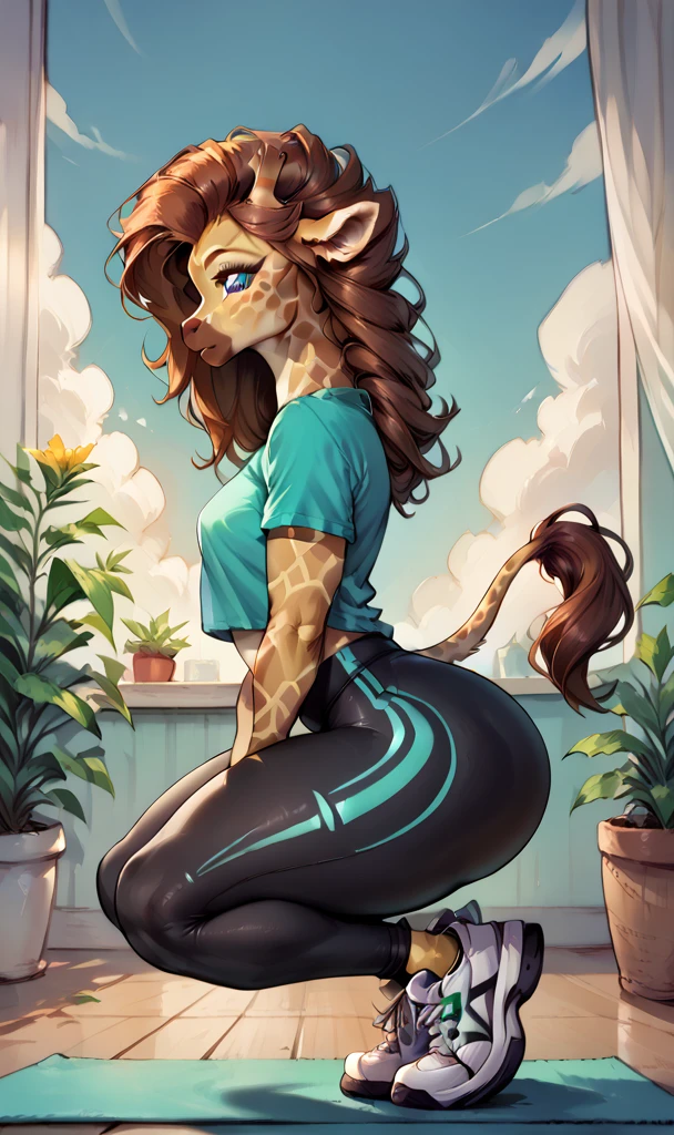 anthropomorphic giraffe woman, long fluffy brown hair, giraffe, small breasts, attractive, (leggings, tight top, white sneakers), shapely body, giraffe tail, big thighs, big, freckles, freckles on face, green eyes, (happiness expression), she is doing yoga, yoga pose, (side view),