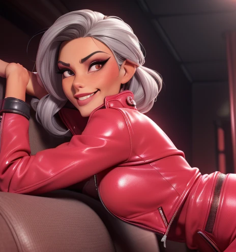 obra prima, melhor qualidade, ((only one woman,)) ((great granny, 70 years, face wrinkles, tan skin, straight gray hair, heavy vamp makeup eye shadow, deep dimples, wide open mouth toothy smile,)) (((wearing thigh length neon red metallic leather jacket,))) (((jacket is zipped up, jacket covers waist and ass,))) ((jacket has stiff high collar,)) body is very skinny, (((behind couch,))) ((her arms are folded, her back is arched, her shoulders lean way back, head tilted way back,)) ((camera front view of body, extreme closeup view of upper body,)) shallow depth of field, highres, HD, 8k, anatomically correct