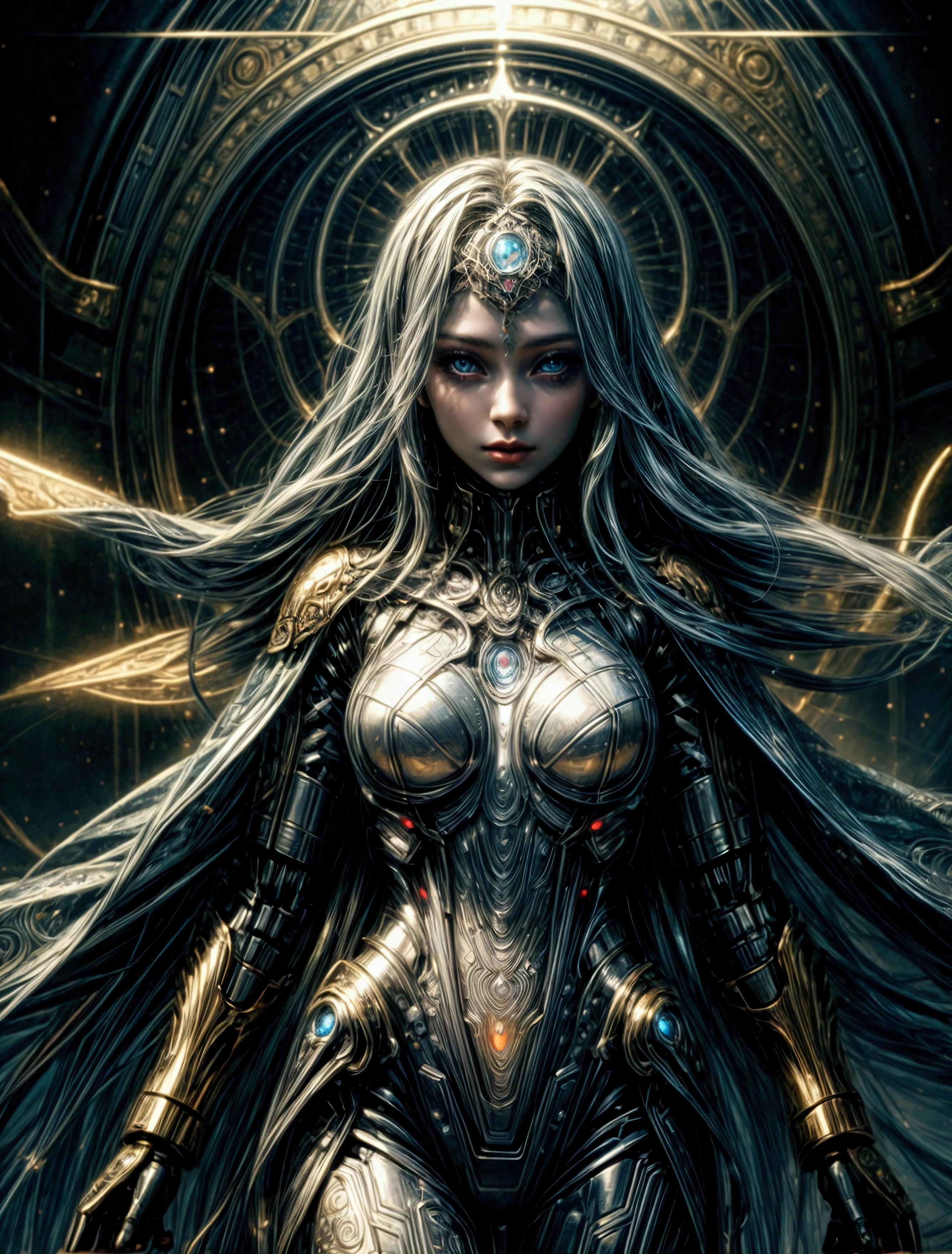 arafed image of a woman in a golden armor surrounded by skulls, inspired by Barclay Shaw, michael kutsche, promotional art, queen and ruler of the universe, godmachine, john stephens, game box art, her iridescent membranes, promotional render, award - winning epic painting, inspired by Konstantin Vasilyev, atomic stars, infinity gauntlet --auto --s2