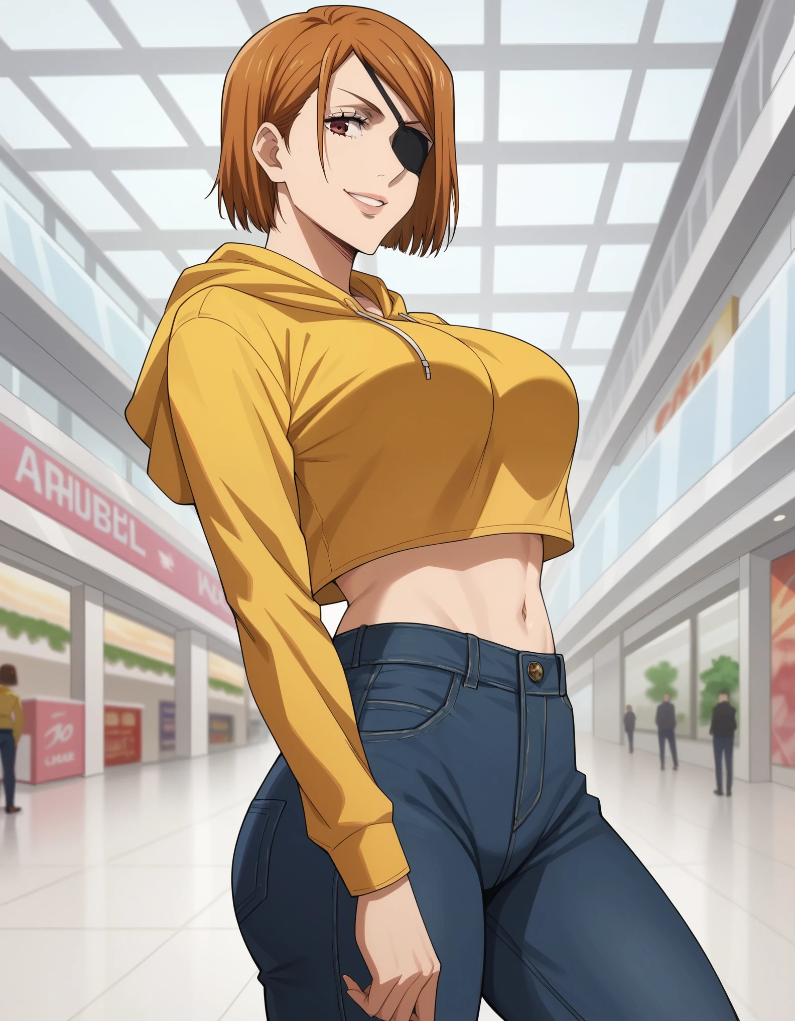 score_9, score_8_up, score_7_up, source_anime, 1girl,solo, nobara kugisaki, kugisaki nobara, bob cut, brown eyes, brown hair, lips, short hair, looking at viewer, yellow Hoodie, Belly crop, navel, tight jeans, ass, cowboy shot, smile, big breasts, anime screencrap, (left black eyepatch), standing, mall