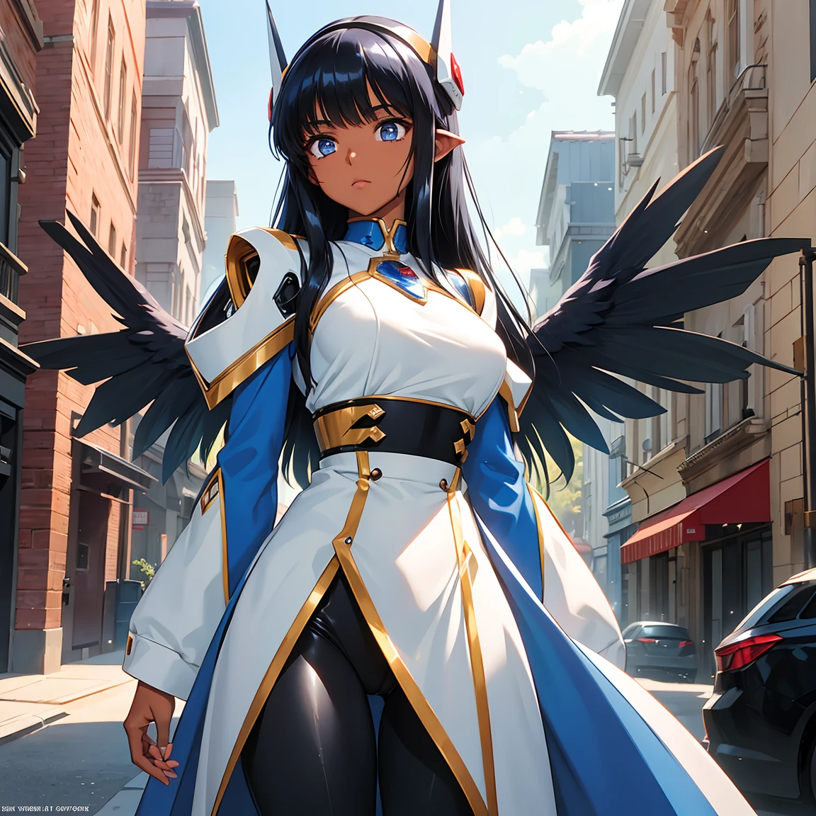 a big anime lady with armor and giant wings in the background, with a small street and small buildings, 1girl, breasts, black hair, dark skin, long hair, dark-skinned female, science fiction,mecha musume, mechanical parts, mecha, headgear, robot joints, full armor, becoming a mecha, lora:mecha_offset:0, lora:mechatest:0