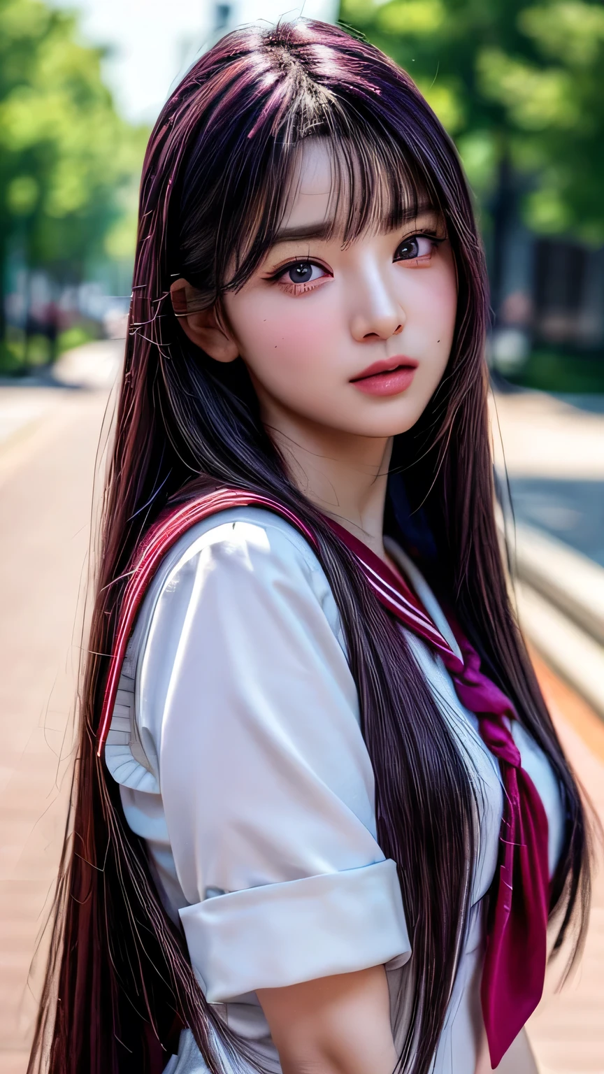 realistic sailor mars, 1girl, dark purple hair, beautiful detailed eyes, beautiful detailed lips, extremely detailed face and features, long eyelashes, sailor uniform, outdoor, vibrant colors, dramatic lighting, cinematic composition, (best quality,4k,8k,highres,masterpiece:1.2),ultra-detailed,(realistic,photorealistic,photo-realistic:1.37)