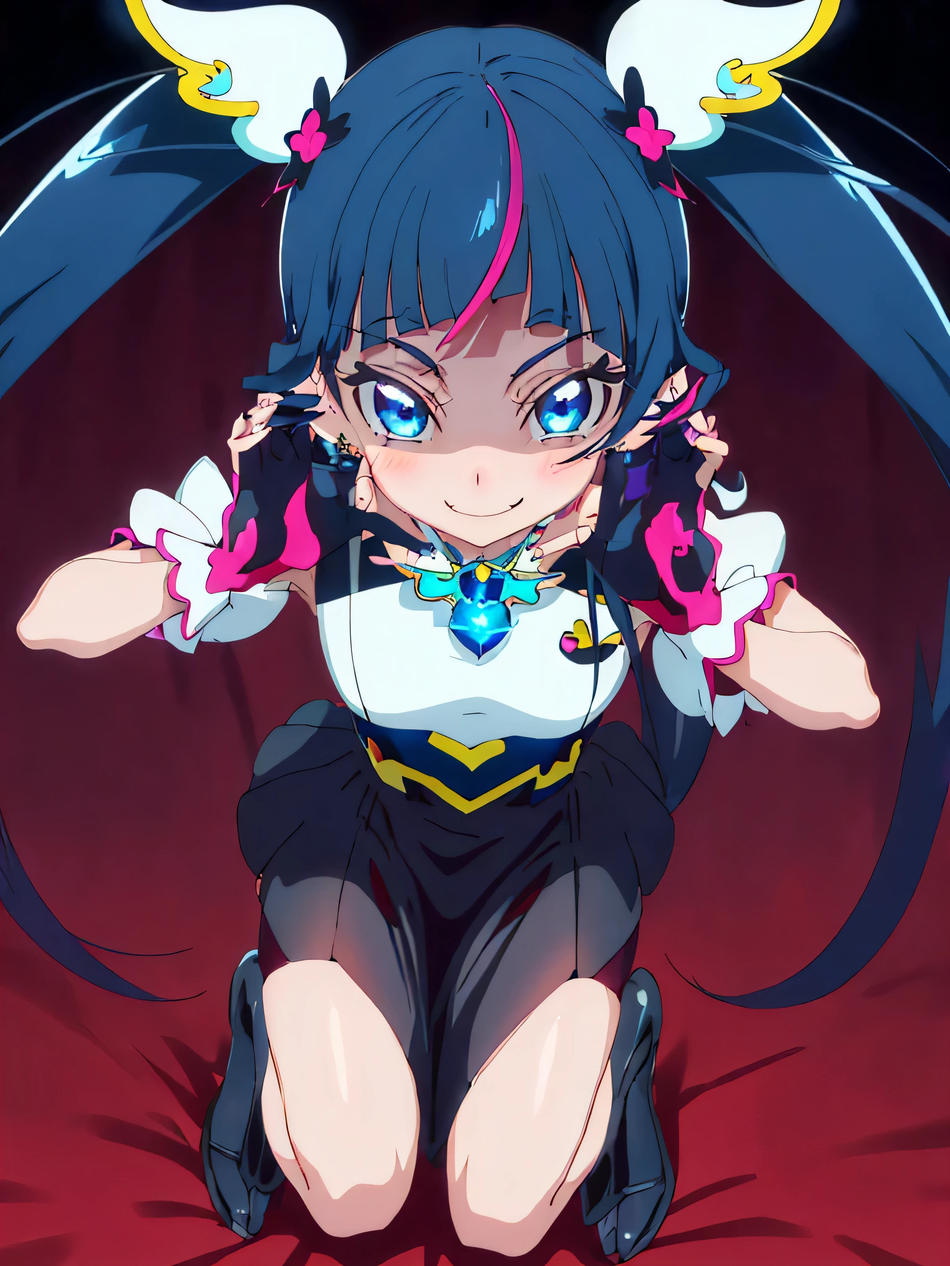 Highest quality, Very detailed,One Girl, alone, {cure_null_hirogarunullprecure:1.15}, Dark blue hair, blue eyes, Blue flames in the eyes, Long Hair, Twin tails, Magical girl, bangs, Open your mouth, Redhead, multicoloRedhead, One Girl, blunt bangs, Darken your clothes, hair ornaments, Wicked Smile, devilish aura (Shiny fabric:1.5), Full Body Shot, Purple Gemstone, attractive, blush, (Beautiful attention to detail:1.6), Very detailed顔, Perfect lighting, Extremely detailed CG, (Perfect hands, Perfect Anatomy), devil, Red and black color scheme, Shiny material, Grin, Black ribbon, black satin gloves, Evil clover leaf ornament, Black frills, jewelry, corruption, Latex Gloss, Black Gothic Cape, Wicked Smile, Dark World Background, Red Moon, cloudy null, CG Style, One-sided black wing,Dark shadowed face,Sadistic smile,Malice,Contempt,smile,black,Perfect hands,Perfect body,