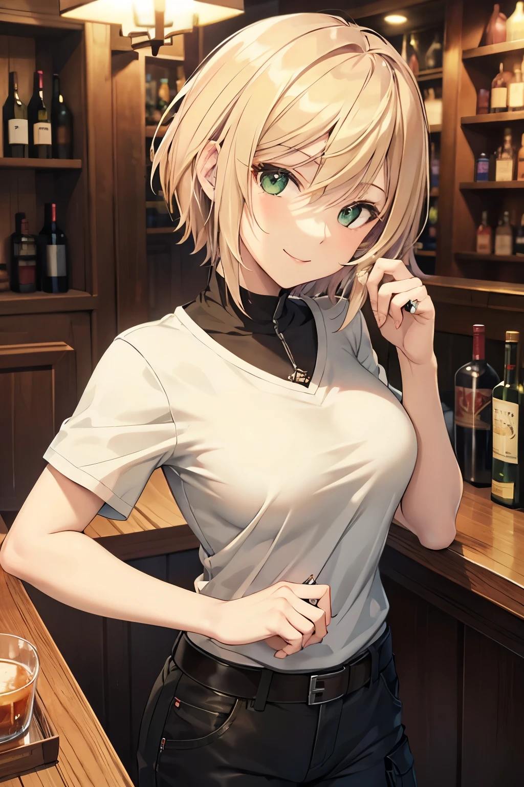 German ,upper class cute type beautiful woman who has lost him spouse by death and has not remarried. tinged with sadness,36 years old, Blonde,wolf cut,short hair,green eyes, anime style,a face with darkness in its heart, ring on left hand ring finger,1960,widow,she own a bar as a hobby,T-shirt and cargo pants, The background is the bar's liquor cabinet,Smokeing a cigar