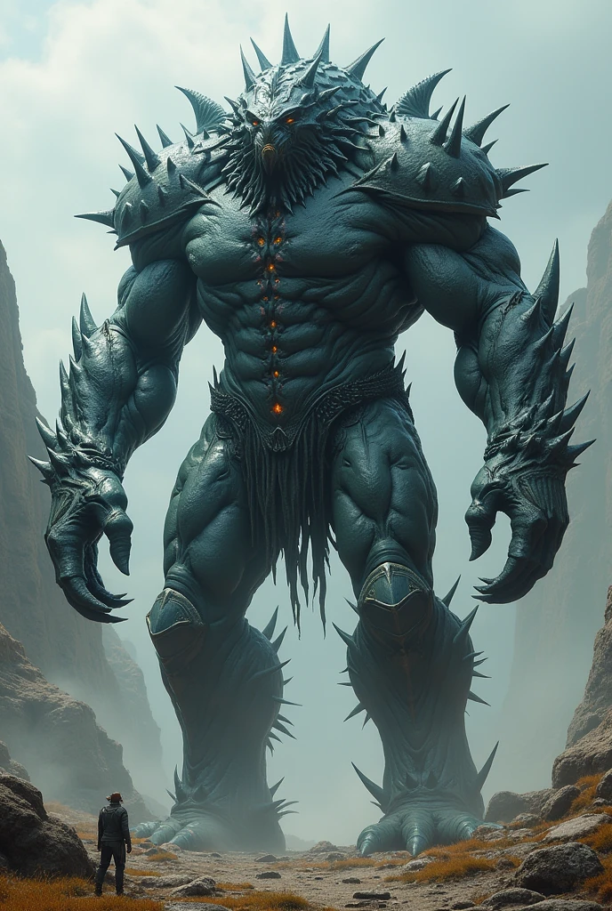 (photorealism:1.2), formidable fantasy creature, towering presence, muscular build, intricate scales and armor, glowing eyes, dark cavernous environment, ambient eerie light, dynamic pose, intense expression, detailed textures, ominous atmosphere, dramatic shadows, dark and muted color palette, by Greg Rutkowski, by H.R. Giger