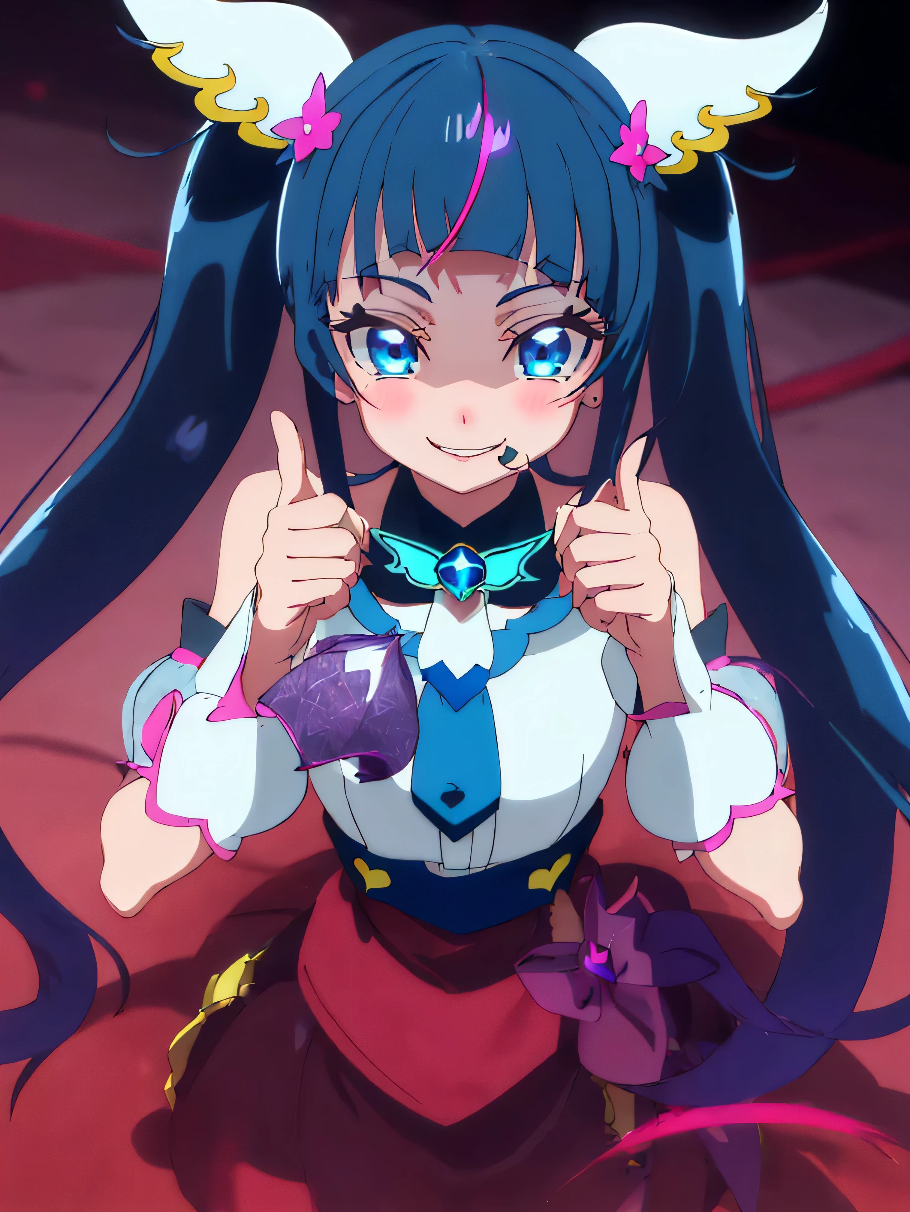 Highest quality, Very detailed,One Girl, alone, {cure_null_hirogarunullprecure:1.15}, Dark blue hair, blue eyes, Blue flames in the eyes, Long Hair, Twin tails, Magical girl, bangs, Open your mouth, Redhead, multicoloRedhead, One Girl, blunt bangs, Darken your clothes, hair ornaments, Wicked Smile, devilish aura (Shiny fabric:1.5), Full Body Shot, Purple Gemstone, attractive, blush, (Beautiful attention to detail:1.6), Very detailed顔, Perfect lighting, Extremely detailed CG, (Perfect hands, Perfect Anatomy), devil, Red and black color scheme, Shiny material, Grin, Black ribbon, black satin gloves, Evil clover leaf ornament, Black frills, jewelry, corruption, Latex Gloss, Black Gothic Cape, Wicked Smile, Dark World Background, , cloudy null, CG Style, One-sided black wing,Dark shadowed face,Sadistic smile,Malice,Contempt,smile,black,Perfect hands,Perfect body,