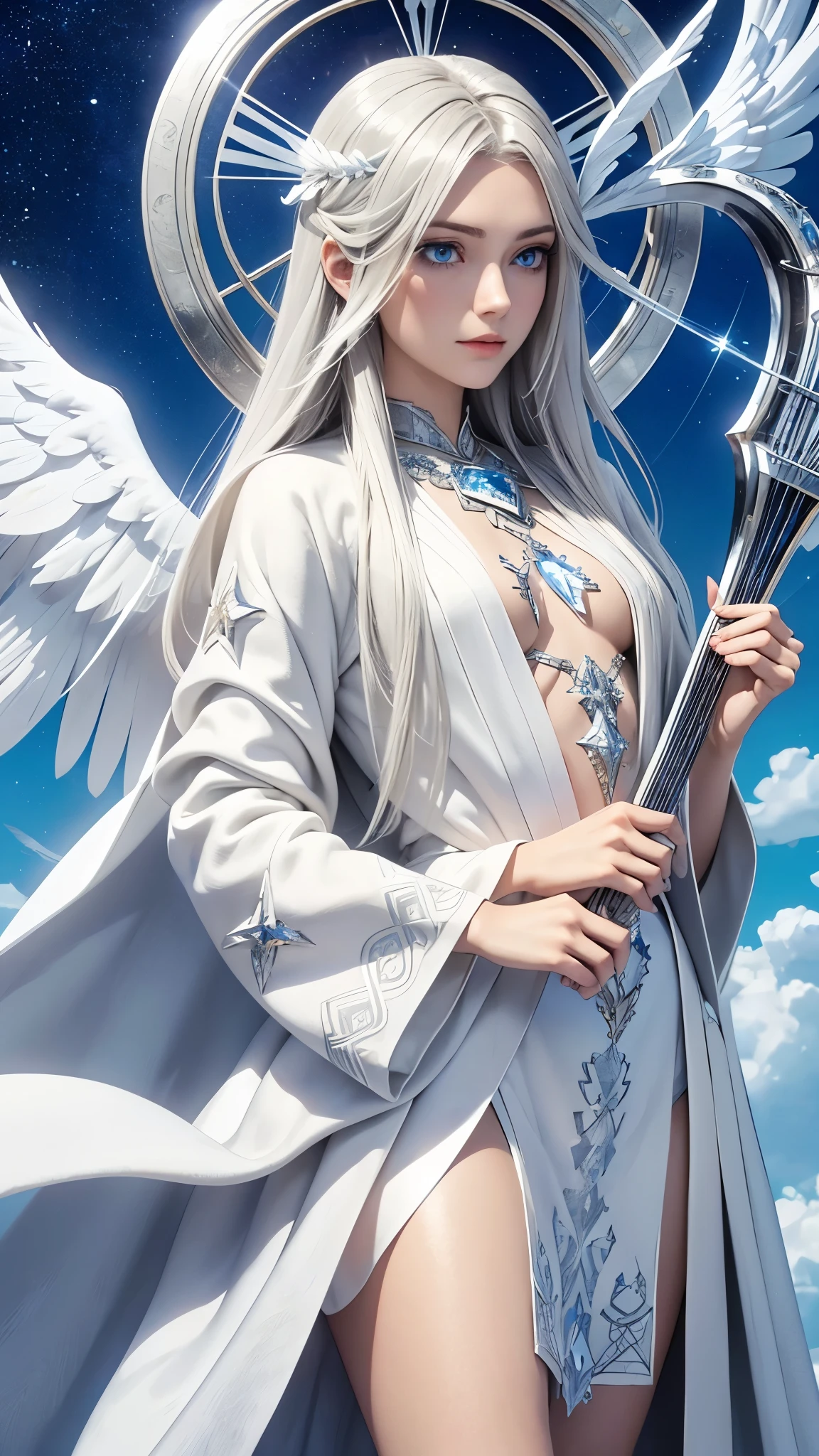 "Creating an Elyon Image, an angel with white marble skin, silver hair and blue eyes like stars, with white and feathery wings, dressed in a white robe with mysterious symbols, holding a crystal lyre, with a background of clear blue sky and white clouds, artistic and detailed style".