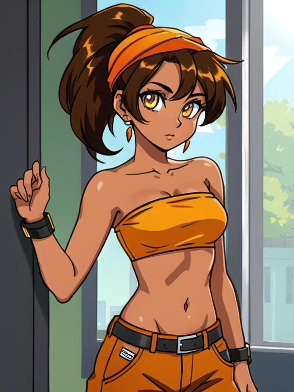 1girl, solo, mixed race Nicaraguan-Navajo woman, 24yo, short brown hair, ponytail hairstyle, (amber eyes:1.5), tan-bronze skin, athletic figure, medium breasts BREAK (Early 2000's based clothing:1.3), ((Wearing: orange head bandana, black strapless crop-top, belt, grey baggy pants)) BREAK looking at viewer, BREAK set in the early 2000’s, BREAK (masterpiece:1.2), best quality, high resolution, unity 8k wallpaper, (illustration:0.8), (beautiful detailed eyes:1.6), extremely detailed face, perfect lighting, extremely detailed CG, (perfect hands, perfect anatomy),
