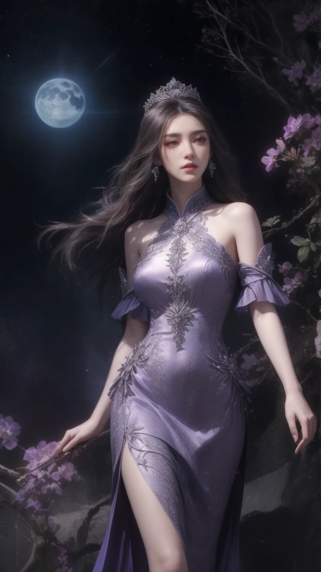 a medium-angle shot captures a beautiful Asian woman in a purple dress, adorned with a tiara on her head, standing in a field of purple flowers. The woman's dress is adorned with silver embroidery, adding a touch of charm to the scene. Her long, dark hair is cascading down her back, cascading over her shoulders. She is holding a sword in her right hand, while her left hand is stretched out in front of her. The backdrop is a deep blue, with a white moon glowing in the middle of the frame. To the right of the woman, there are several lanterns floating in the air, adding depth to the composition.