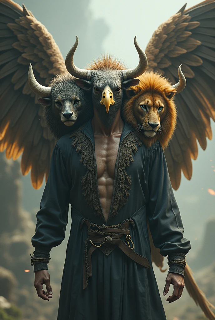 Human body with wings and 4 faces: Lion, Vee, eagle and human face
