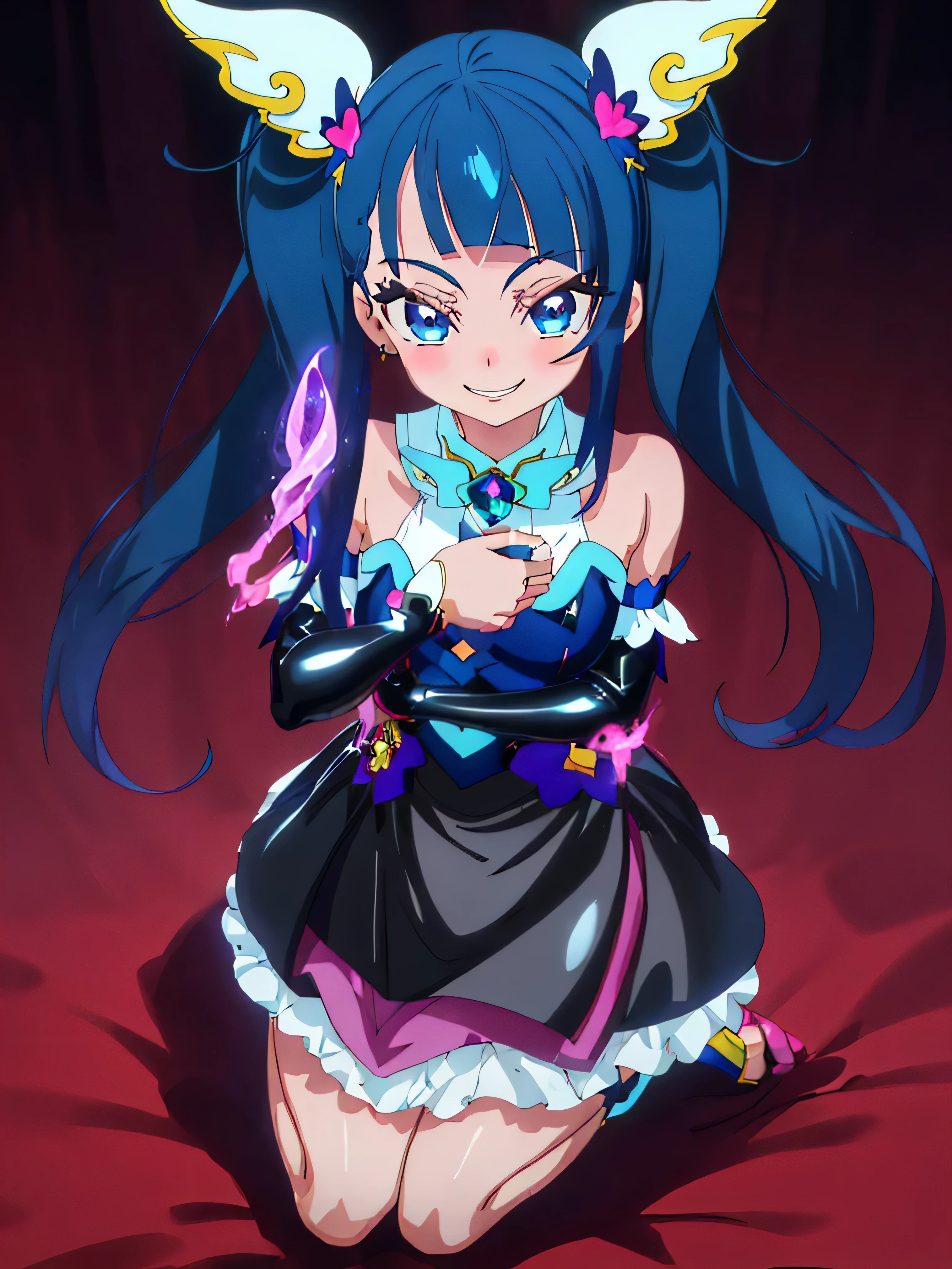 Highest quality, Very detailed,One Girl, alone, {cure_null_hirogarunullprecure:1.15}, Dark blue hair, blue eyes, Blue flames in the eyes, Long Hair, Twin tails, Magical girl, bangs, Open your mouth, Redhead, multicoloRedhead, One Girl, blunt bangs, Darken your clothes, hair ornaments, Wicked Smile, devilish aura (Shiny fabric:1.5), Full Body Shot, Purple Gemstone, attractive, blush, (Beautiful attention to detail:1.6), Very detailed顔, Perfect lighting, Extremely detailed CG, (Perfect hands, Perfect Anatomy), devil, Red and black color scheme, Shiny material, Grin, Black ribbon, black satin gloves, Evil clover leaf ornament, Black frills, jewelry, corruption, Latex Gloss, Black Gothic Cape, Wicked Smile, Dark World Background, , cloudy null, CG Style, One-sided black wing,Dark shadowed face,Sadistic smile,Malice,Contempt,smile,black,Perfect hands,Perfect body,