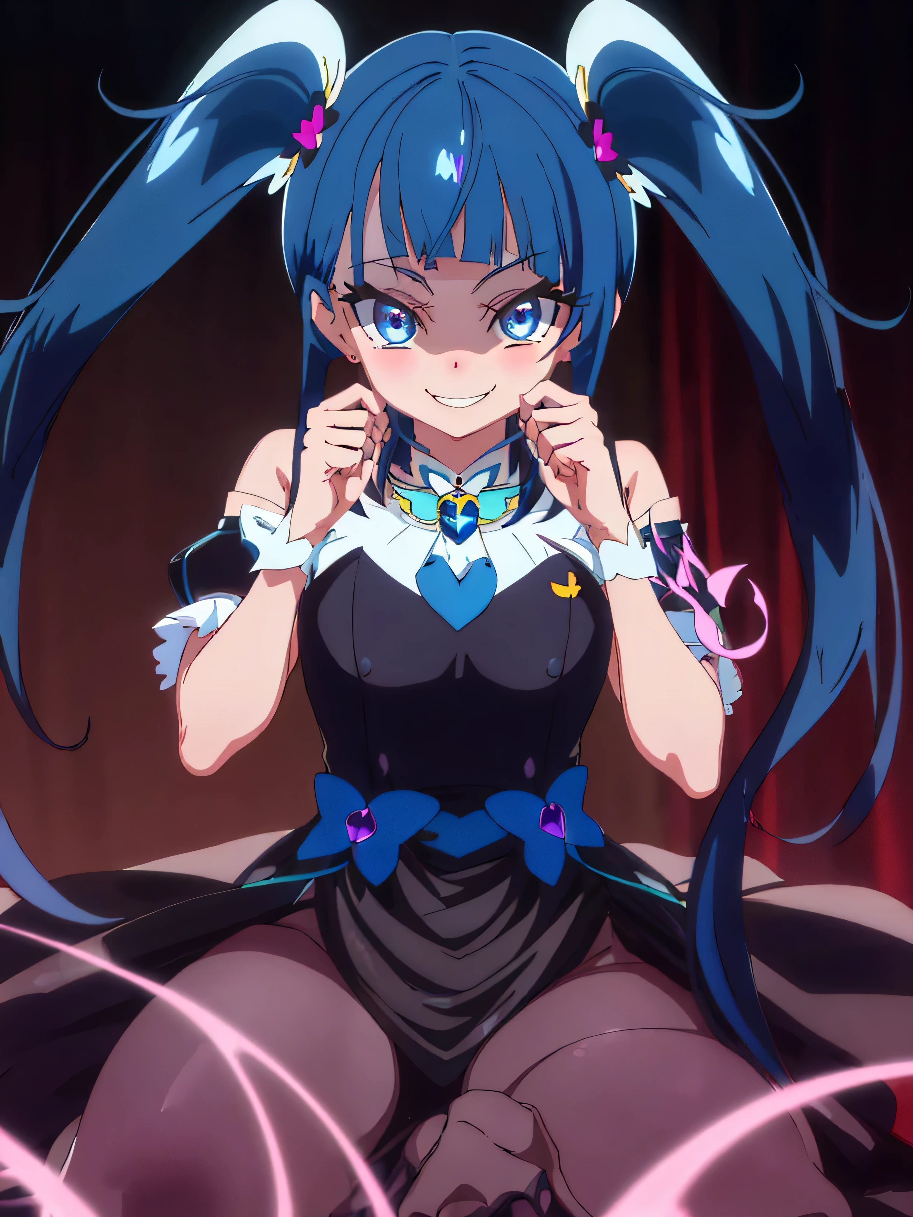 Highest quality, Very detailed,One Girl, alone, {cure_null_hirogarunullprecure:1.15}, Dark blue hair, blue eyes, Blue flames in the eyes, Long Hair, Twin tails, Magical girl, bangs, Open your mouth, Redhead, multicoloRedhead, One Girl, blunt bangs, Darken your clothes, hair ornaments, Wicked Smile, devilish aura (Shiny fabric:1.5), Full Body Shot, Purple Gemstone, attractive, blush, (Beautiful attention to detail:1.6), Very detailed顔, Perfect lighting, Extremely detailed CG, (Perfect hands, Perfect Anatomy), devil, Red and black color scheme, Shiny material, Grin, Black ribbon, black satin gloves, Evil clover leaf ornament, Black frills, jewelry, corruption, Latex Gloss, Black Gothic Cape, Wicked Smile, Dark World Background, , cloudy null, CG Style, One-sided black wing,Dark shadowed face,Sadistic smile,Malice,Contempt,smile,black,Perfect hands,Perfect body,