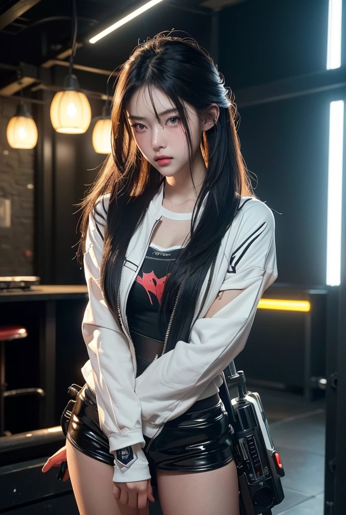 tmasterpiece,Best quality,A high resolution,8K,(Portrait photograph:1.5),(ROriginal photo),real photograph,digital photography,(Combination of cyberpunk and fantasy style),(Female soldier),20 year old girl,random hair style,By bangs,(Red eyeigchest, accessories,Redlip,(He frowned,Sneer),(Cyberpunk combined with fantasy style clothing,Openwork design,joint armor,police uniforms,White jacket,Red),exposing your navel,Photo pose,Realisticstyle,Thunder and lightning on rainy day,(Thunder magic),oc render reflection texture