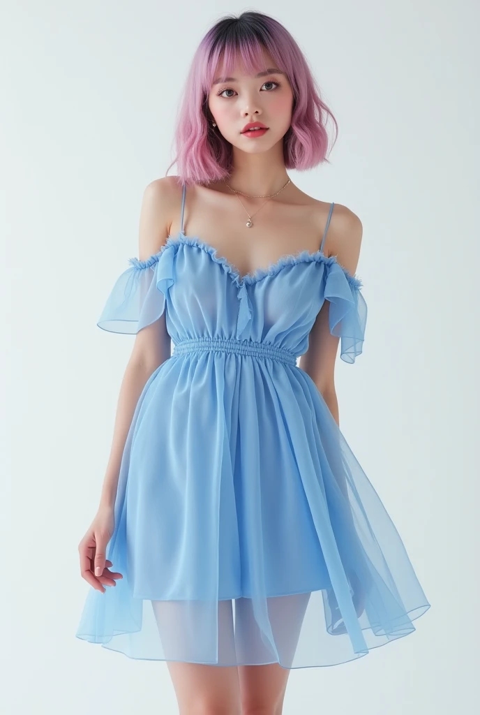 Masterpiece, Best quality, 8k, 18 years old, Raw photo, absurd, Award-winning portrait, smile, smile, pure, German, white pink ((ombre)) dress, perfect breast, white hair, blue eyes, offshoulder, open waist, ((full body))