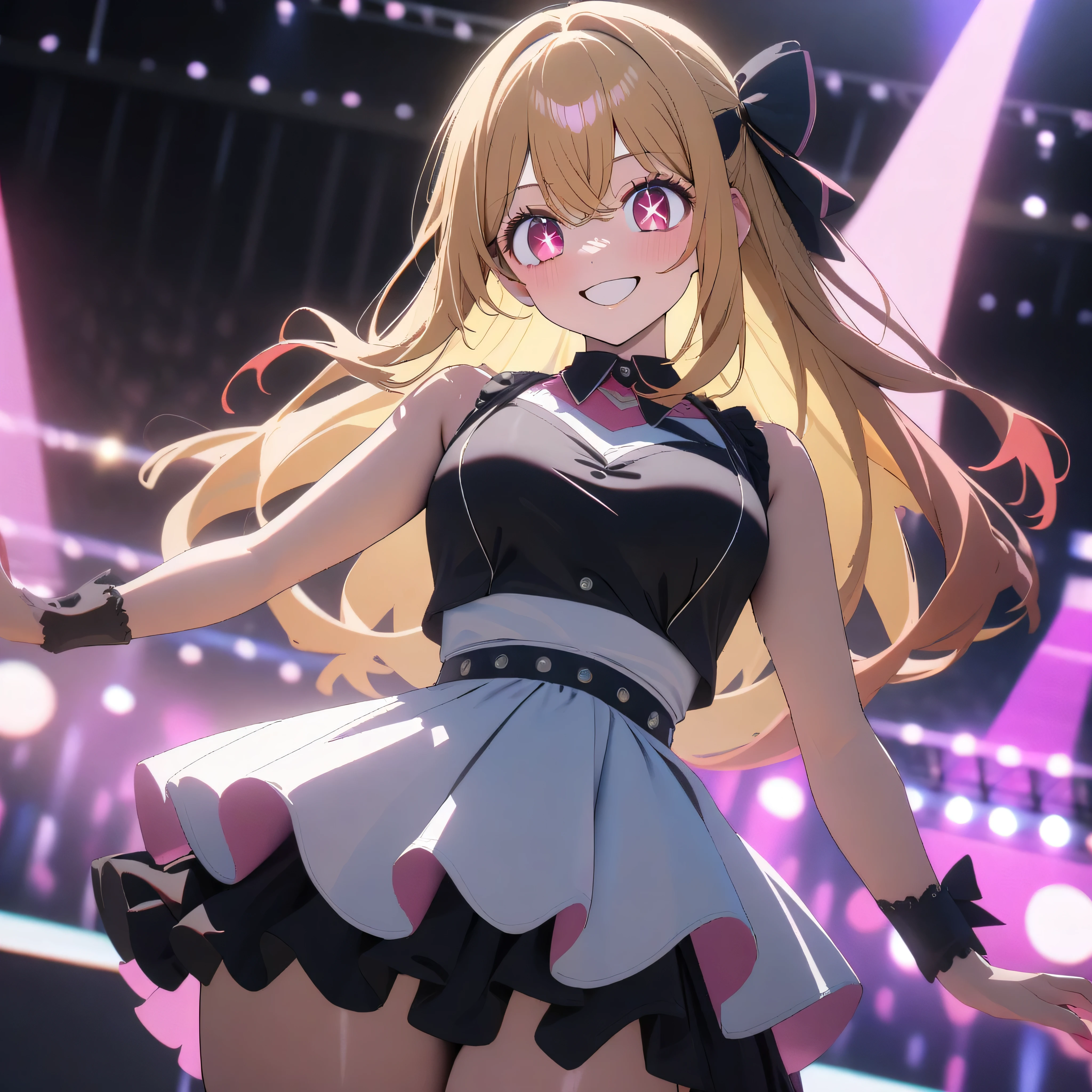 ((1girl)),((alone)),Ruby Hoshino, (oshi no ko),(masterpiece), (best quality), (ultra detailed), (best illustration), (best shadow), (absurdities), sharp focus, cowboy shot, atmospheric perspective, depth of field, dynamic posture looking at viewer, medium breasts, narrow waist, wide hips, wide thighs, round butt, erotic, romantic, (very detailed eyes, 1.1 lips), very detailed, eyes, Very detailed face, Very beautiful face, Symmetrical face, Aesthetic face, perfect face, perfect eyes, detailed eyelashes: 1.5), full height, beautiful slim figure, femininity, expressive appearance, elastic medium breasts, sexuality, half-open lips , long hair, blonde hair, (one side up), dark pink eyes, (red iris: 1.1), (star-shaped left pupil: 1.5), mismatched pupils, symbol-shaped pupil, (idol costume pink: 1.2), black gloves, short sleeves, bare bras, bare legs, black boots, headband, microphone, outdoors, Heart, , hand on hip, curves, defined body, Perfect and beautiful body, perfect and beautiful, closed mouth, flirtatious expression, smile, blushing, (sexy pose: 1.2), ((solo)), standing: 1.3,((( , outdoor, show, neon lighting: 1.3), (colorful light flashes: 1.3), (light particles: 1.3), (confetti: 1.2), (Idol's outdoor stage decorated with colorful spotlights and cute decorations :1.2) ,)),looking forward,((focus on breasts)), point of view:(from middle), perfect anatomy, perfect hands