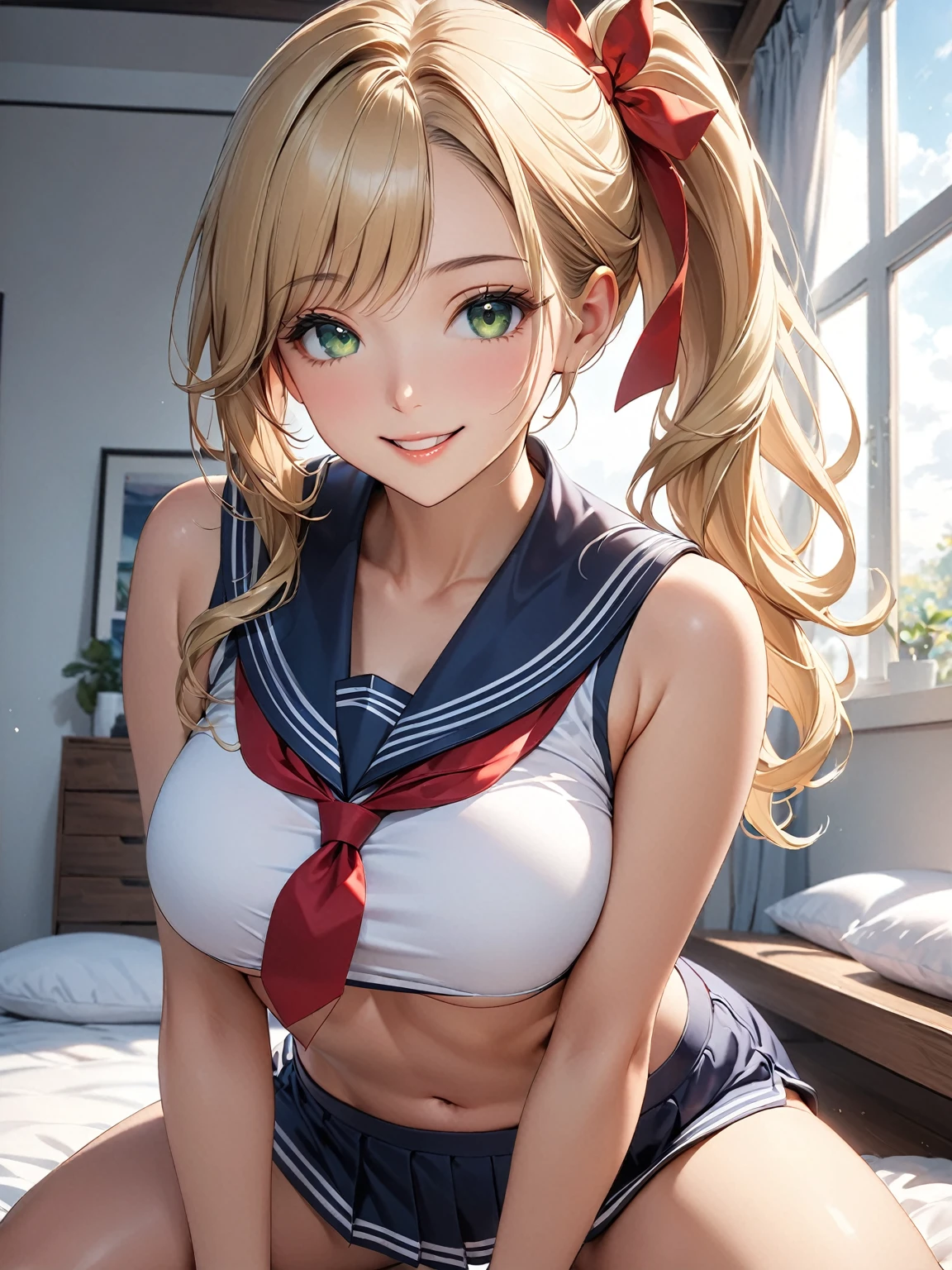 (1 woman),  (Micro thong), (((under boob))),  ((Crop Top shirt)), ((spread legs, one knee up)), (Sailor school uniform only for the upper body), (white short shirt), summer clothes, ((Red Ribbon Tie)), ((sheer white long thigh-high socks)), long thigh high socks, (((long gloves))), masterpiece, Best Quality, High quality, High Definition, Finely detailed, Detailed texture, realistic representation of face, Realistic, Colorful, Ray tracing, (((lighting forward))), ahegao, sad, smile, (((crying))), (drooling), (((steam))), (glowing eyes),  (Detailed beautiful delicate face, Detailed beautiful eyes, A perfectly proportioned face, High detailed skin, best ratio four finger and one thumb, (((Glowing white shiny skin))), (oiled skin), (large breasts), ((Smooth texture, Realistic texture, Photorealistic)), ((Green eyes)), (((blonde semi-long hair, ponytail))),  (Beautiful face, Cute face, Detailed face), on a bed