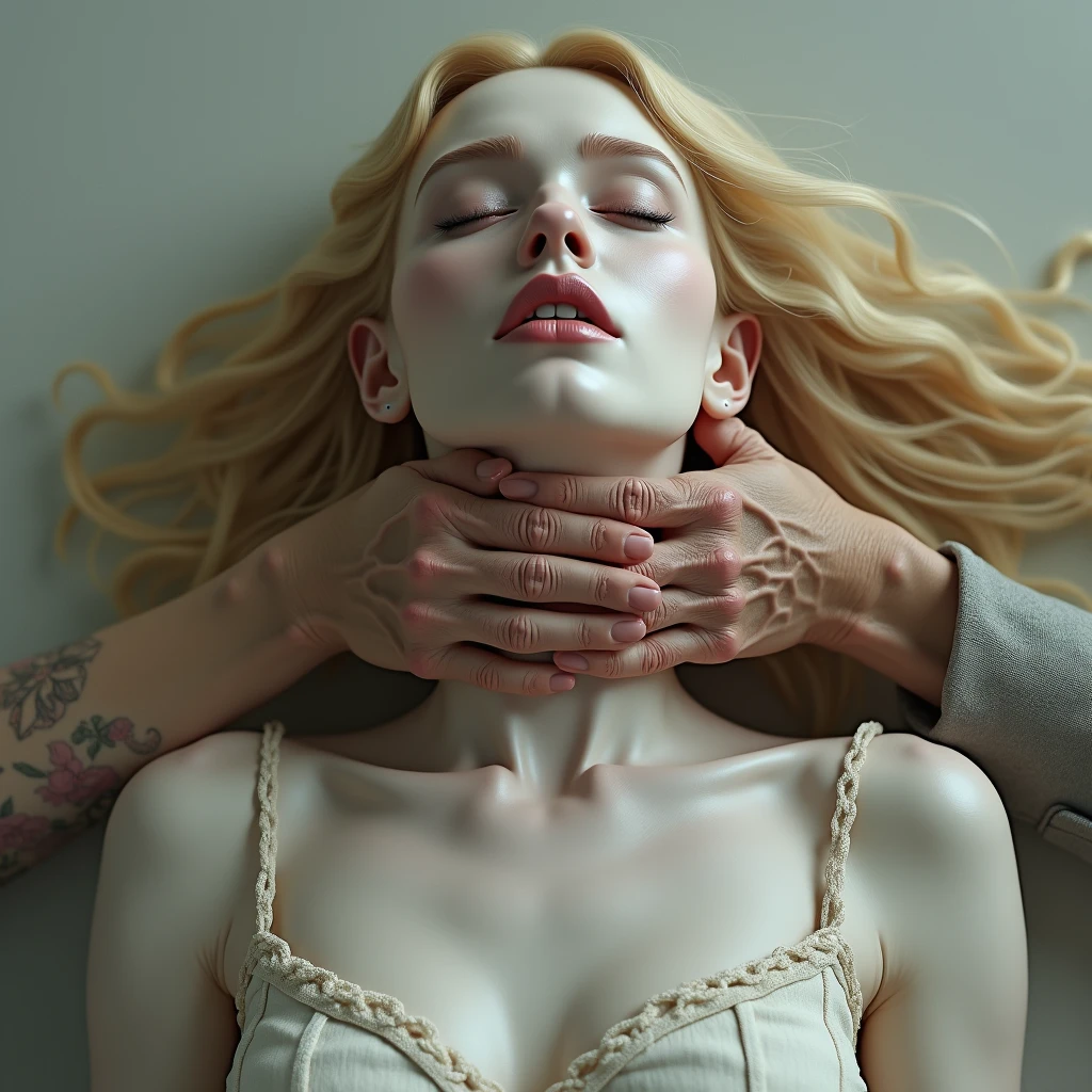 Create a photorealistic full-body artistic composition featuring two stunning women depicted as white marble statues with some golden highlights. They are lying down horizontally on black satin fabric to highlight their silhouettes. Both women are fully nude, wearing high-heeled shoes crafted from marble with golden accents. The composition must ensure perfect accuracy and detail, particularly in the hands and feet, avoiding any deformities.
The first statue resembles Marilyn Monroe, with flowing, wavy hair sculpted in marble. She is tall and slender, with elegant curves. Her bright blue eyes are represented by polished, reflective marble insets, and she gazes directly forward with a sensual and provocative look. Her high-heeled shoes should be detailed, showing the elegant marble design and golden highlights.
The second statue resembles Nyakim Gatwech, with long, defined, natural curls sculpted in marble and golden highlights. Her expressive brown eyes are depicted with polished marble insets. Her rich, sun-kissed skin is represented by the smooth, luminous white marble. She lies behind the Marilyn Monroe statue, embracing her from behind in a suggestive and sensual manner. Her hands are sculpted with perfect accuracy, avoiding any deformities and capturing the softness of her touch. Her high-heeled shoes should also be detailed, enhancing the elegance of the pose with marble and golden accents.
The soft, warm lighting casts gentle shadows on their marble bodies, emphasizing the contours and the golden highlights against the black satin background. The overall atmosphere is one of sensual elegance, with high resolution and extreme detail capturing every nuance of their expressions, the glow of their marble skin, and the precise depiction of their hands and feet, ensuring perfection in the composition.